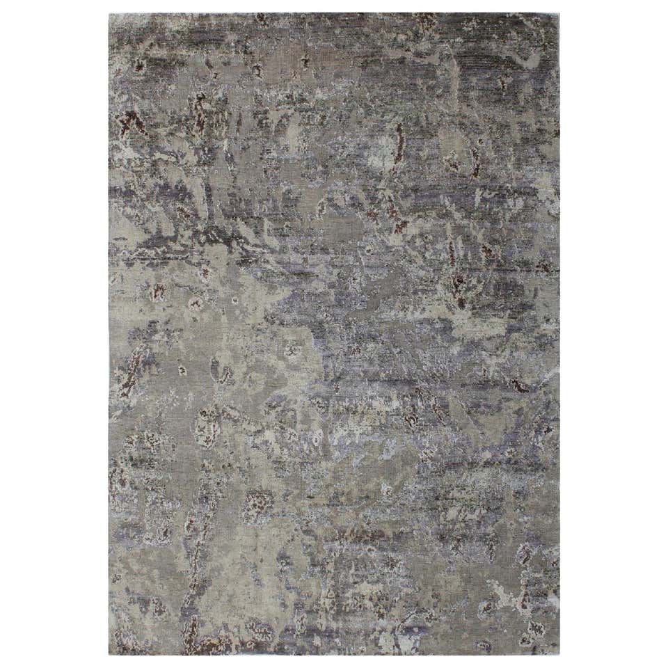 Organic Texture Abstract Grey Silver Beige Wool and Silk Hand Knotted ...