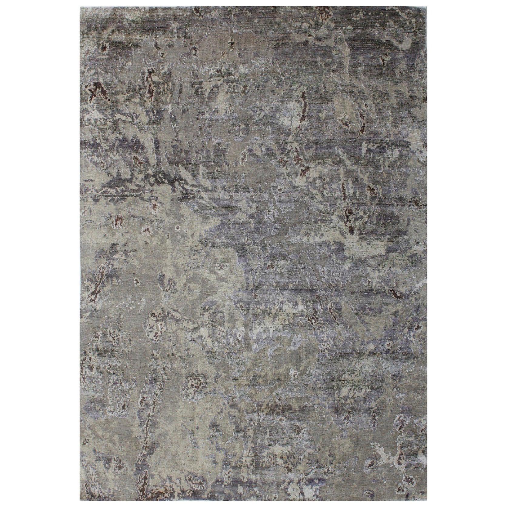 Abstract Organic Hand Knotted Wool and Silk Custom Grey Silver and Beige Rug