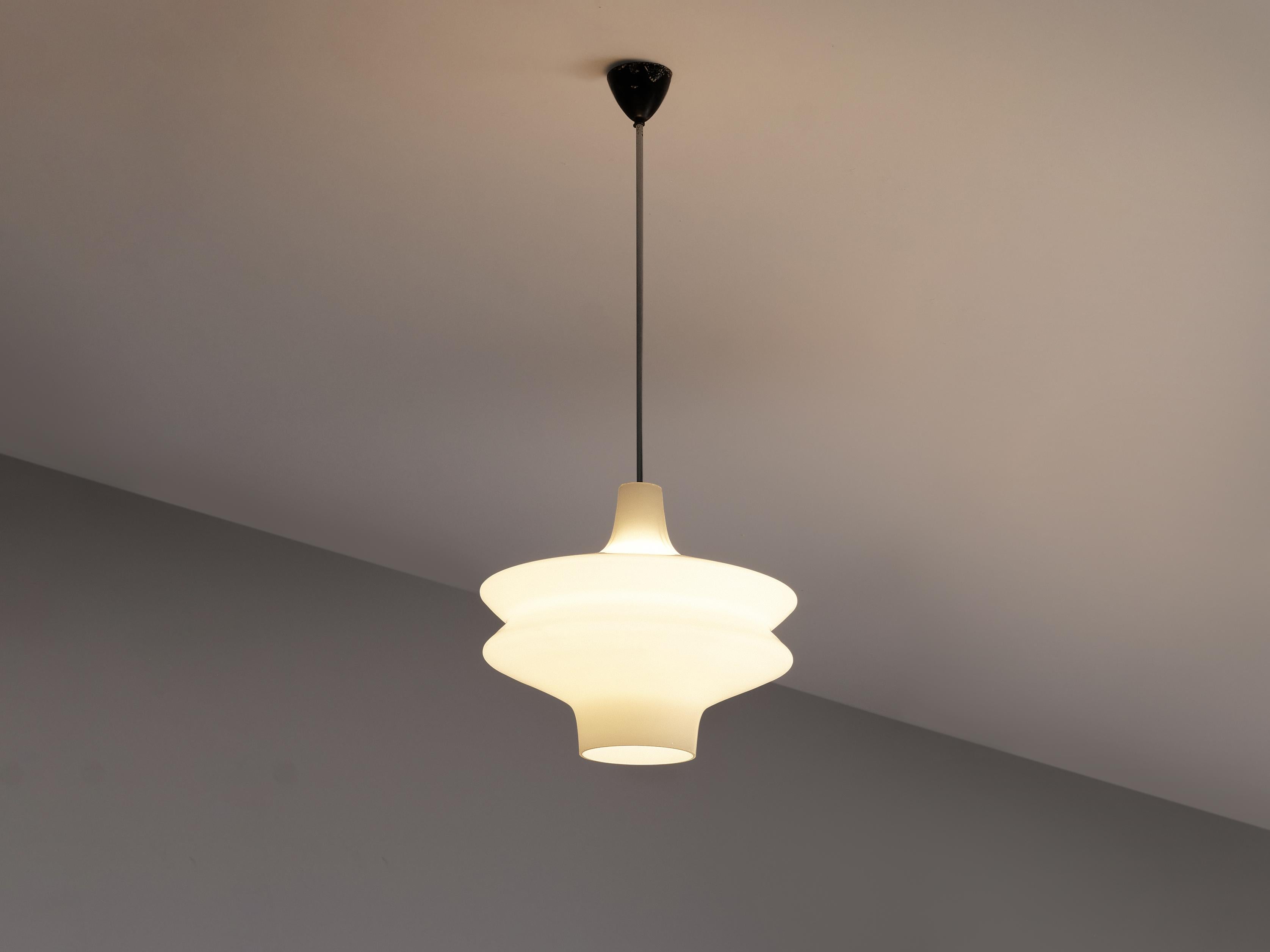Pendant, opaline glass, metal, Europe, 1960s 

Wonderful organic pendant lamp. The vivid form of the pendant lamp catches the eye. The shade beautifully floats from the top while getting wider and slimmer again. A very elegant design with