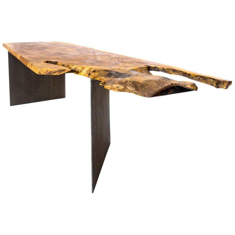 Puerto Rican Organic Pterocarpus Wood/Black Steel Coffee Table/ Bench Design by Herbeh Wood For Sale