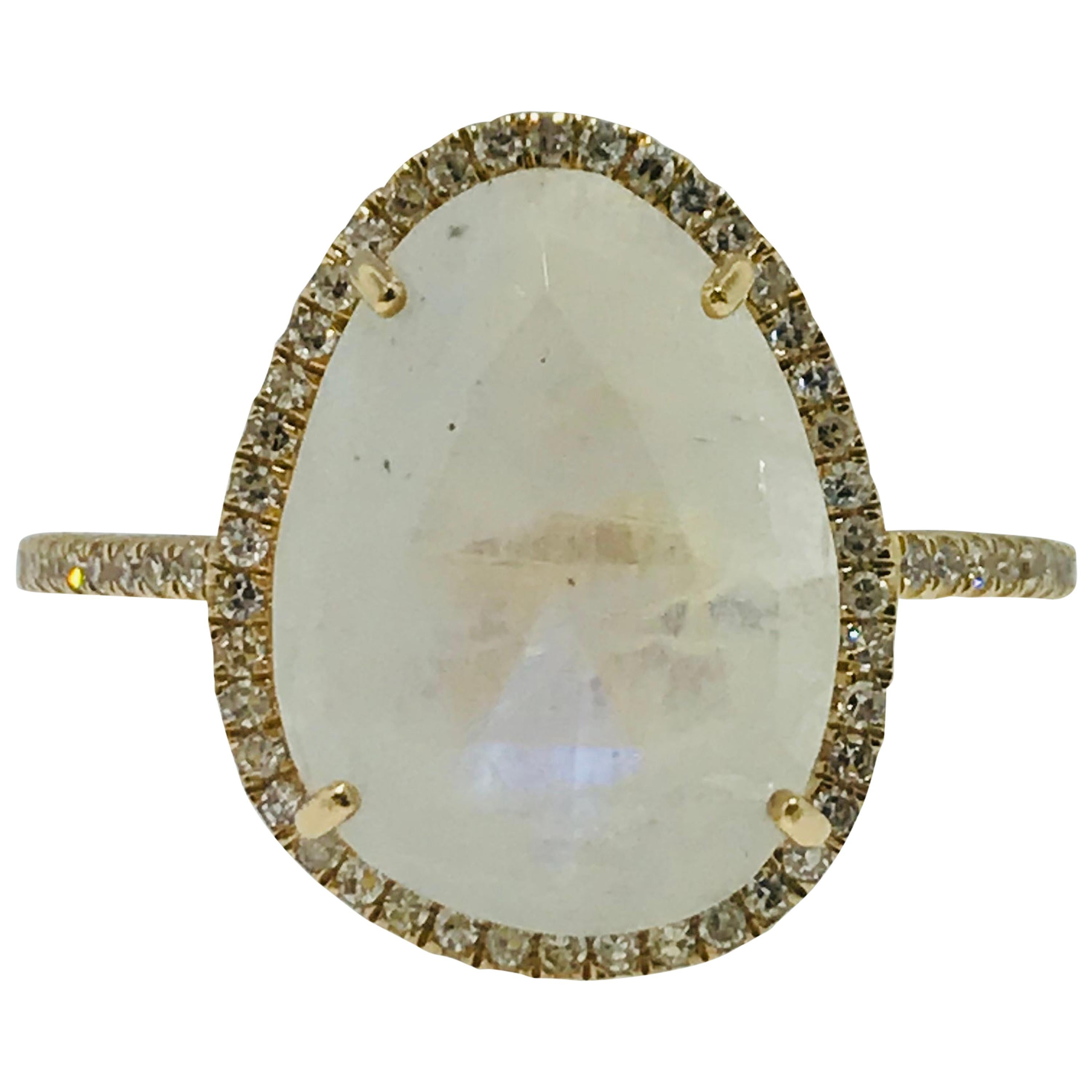 Organic Rainbow Moonstone and .25 Carat Diamond Halo Ring in Stock