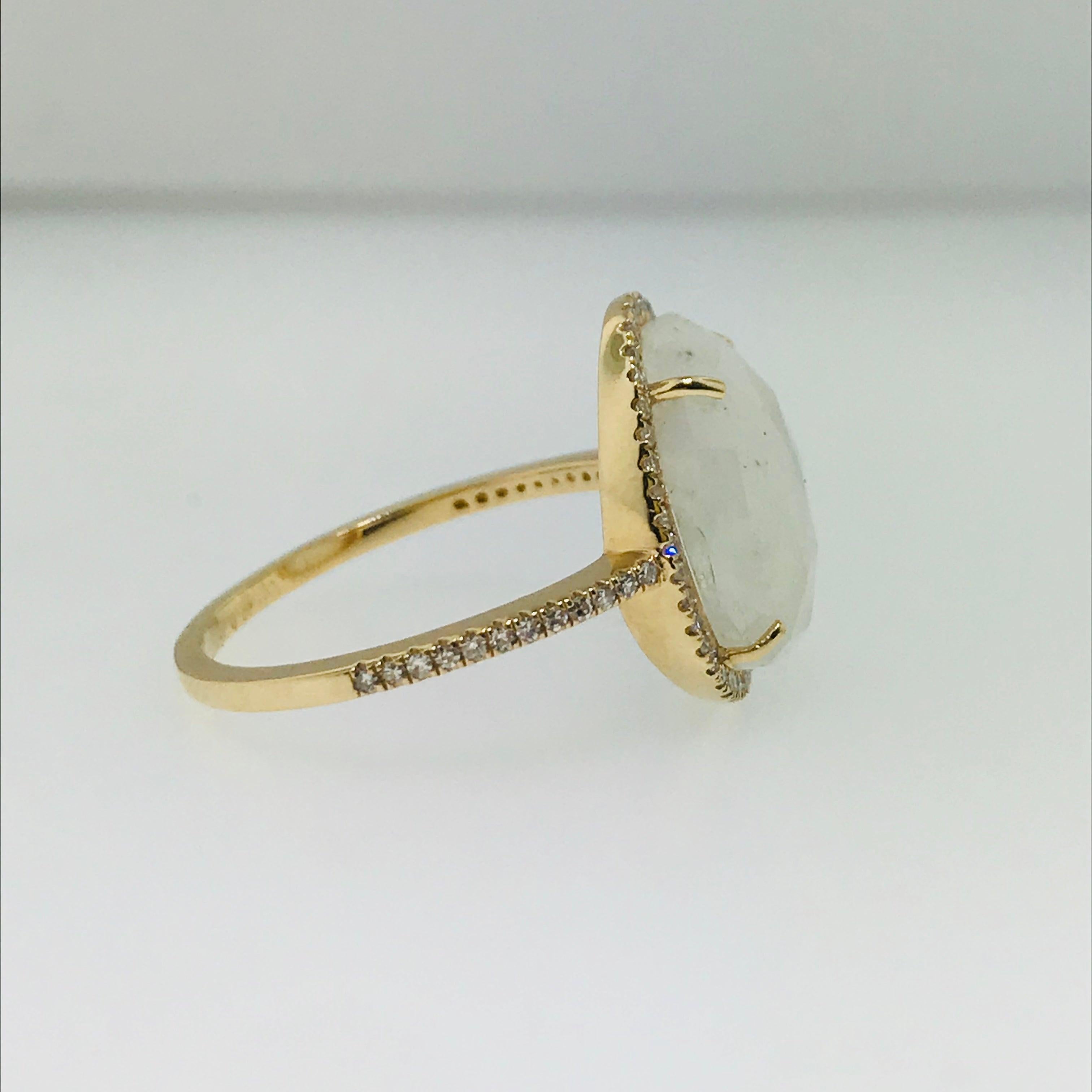 For Sale:  Organic Rainbow Moonstone Ring and .25 Carat Diamond Halo Ring 3