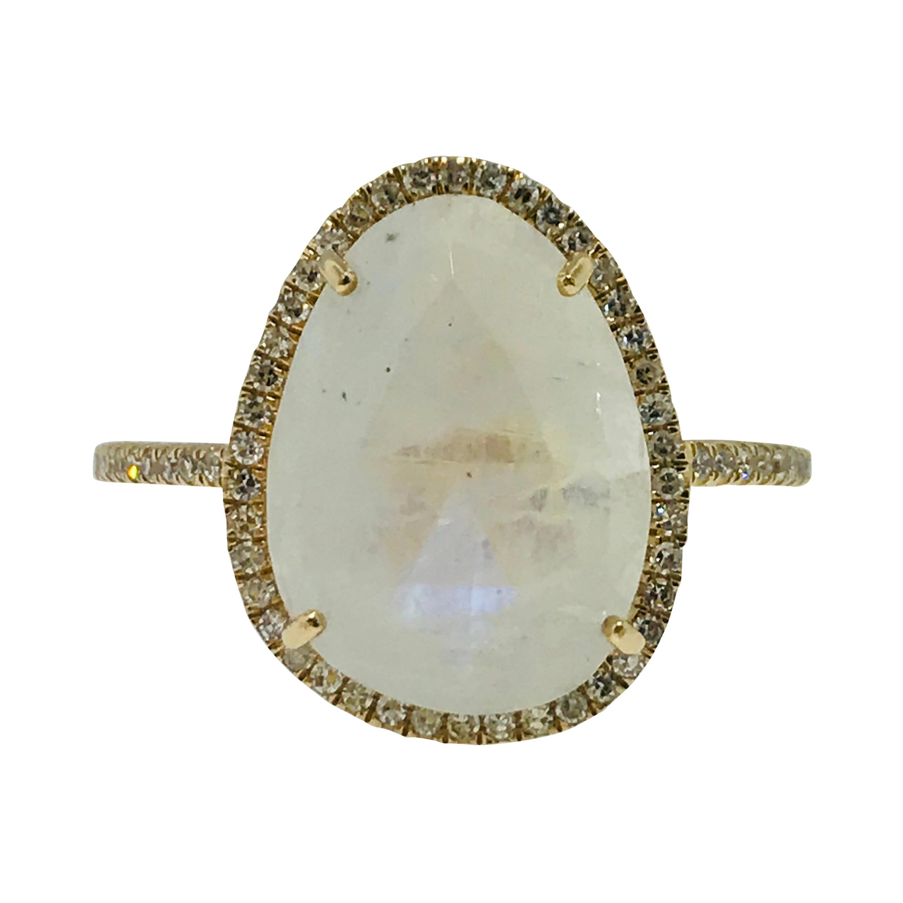Organic Rainbow Moonstone Ring and .25 Carat Diamond Halo Ring