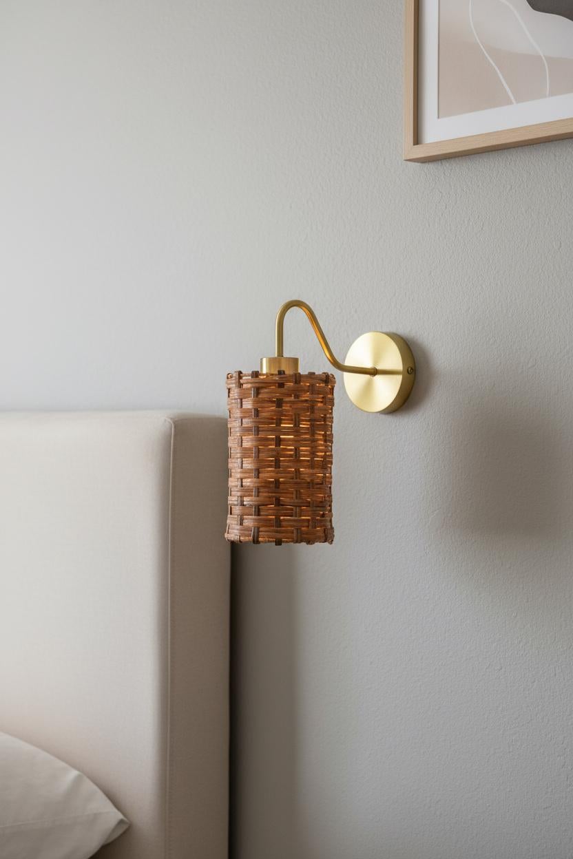 Mid-Century Modern Organic Rattan & Brass Sconce For Sale