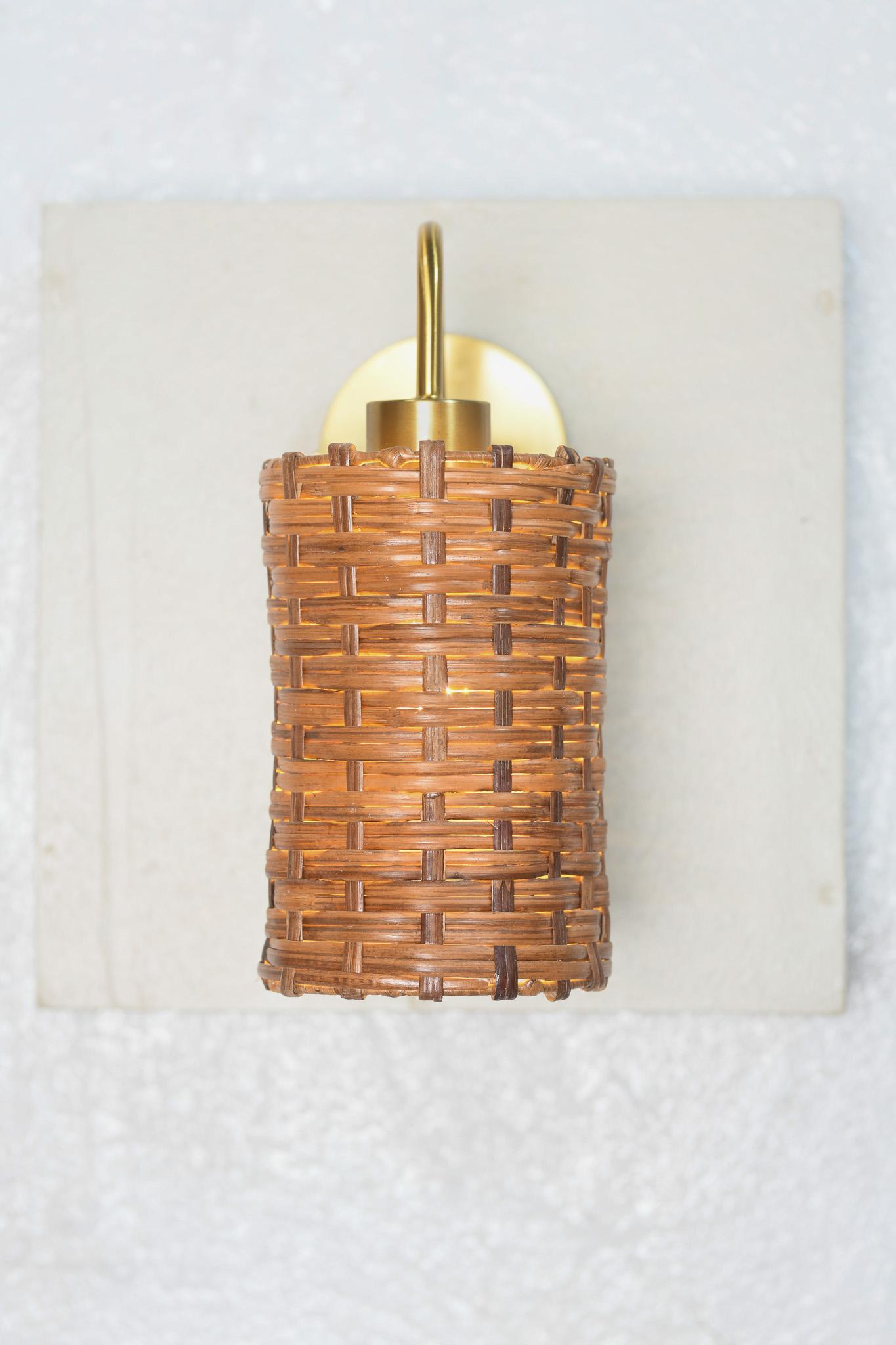 Hand-Woven Organic Rattan & Brass Sconce For Sale