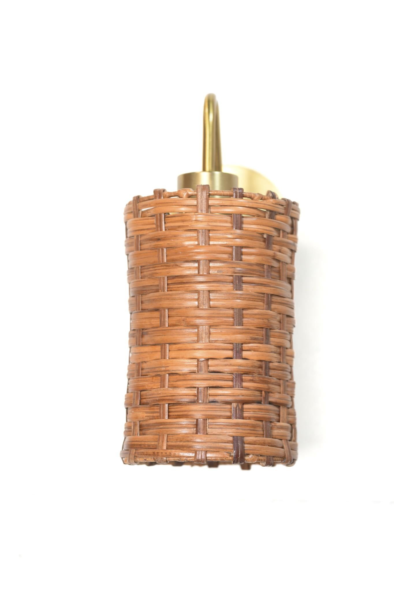 Contemporary Organic Rattan & Brass Sconce For Sale