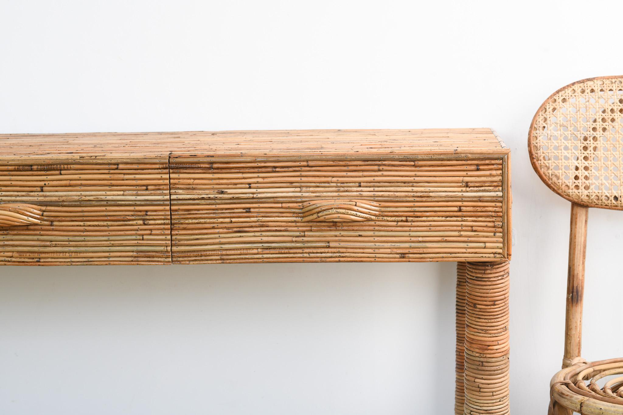 Hand-Crafted Organic Rattan Console Table with Integrated Drawers For Sale