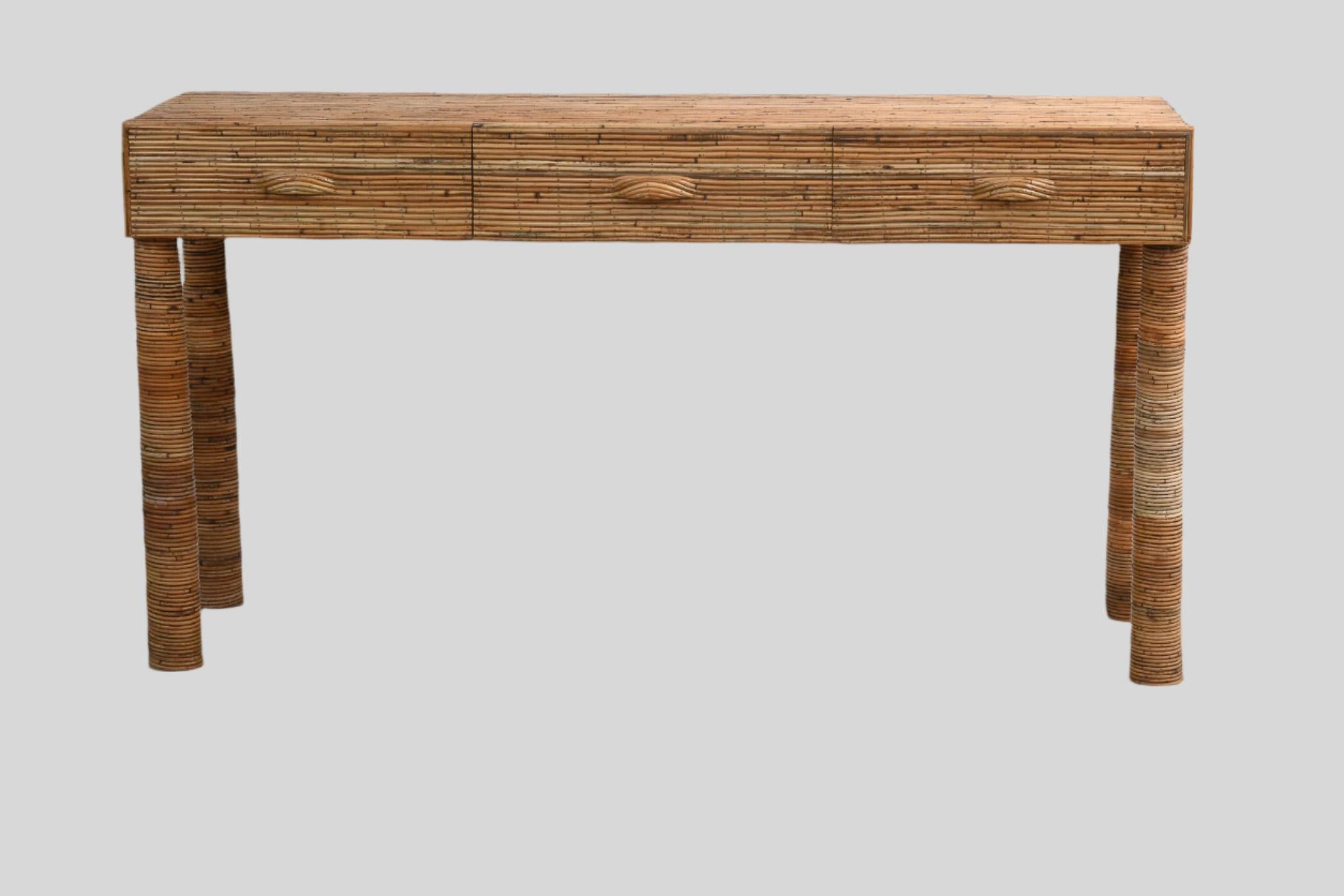 Contemporary Organic Rattan Console Table with Integrated Drawers For Sale