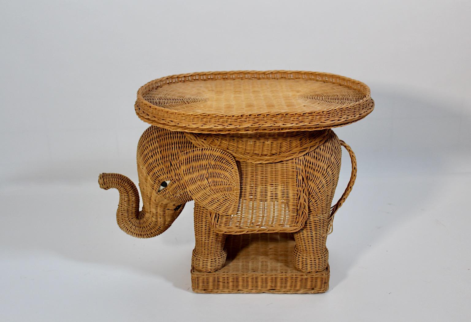 20th Century Organic Rattan Vintage Side Table Tray Table Elephant 1970s  For Sale