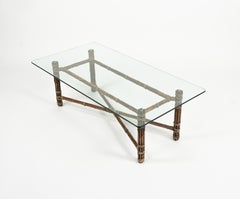 Organic Rectangular Coffee Table in Bamboo, Leather and Glass by McGuire, 1970s