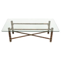 Organic Rectangular Coffee Table in Bamboo, Leather and Glass by McGuire, 1970s