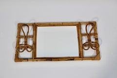 Organic Riviera Style Bamboo Rattan Rectangular Wall Mirror Coat Hooks, 1950s