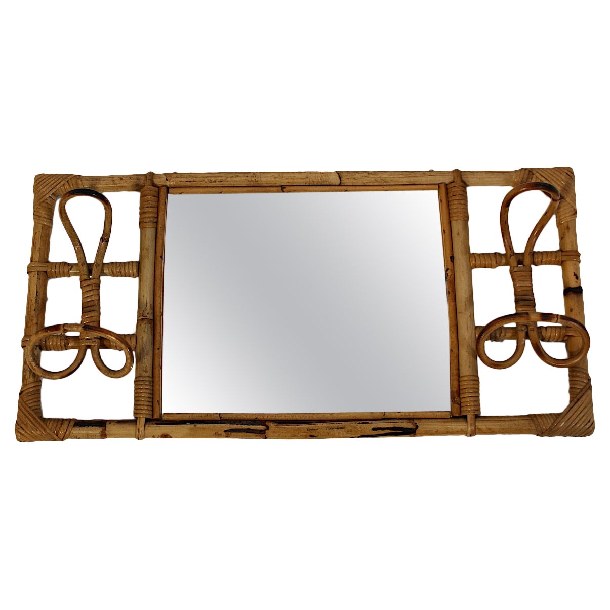 Espejo de pared rectangular de ratán de bambú estilo Riviera orgánico Percheros, años 50