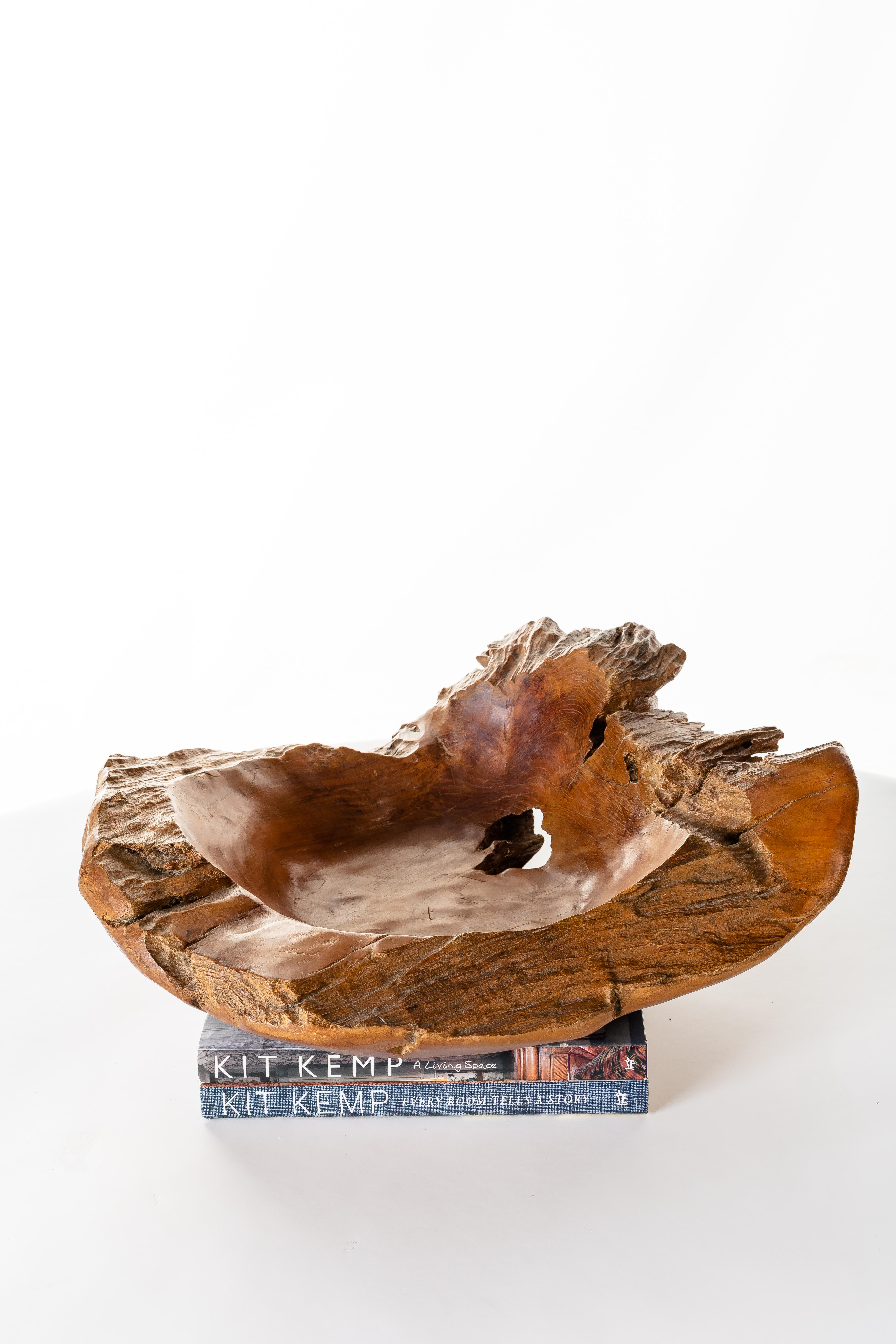 Decorative organic edge carved root wood bowl.