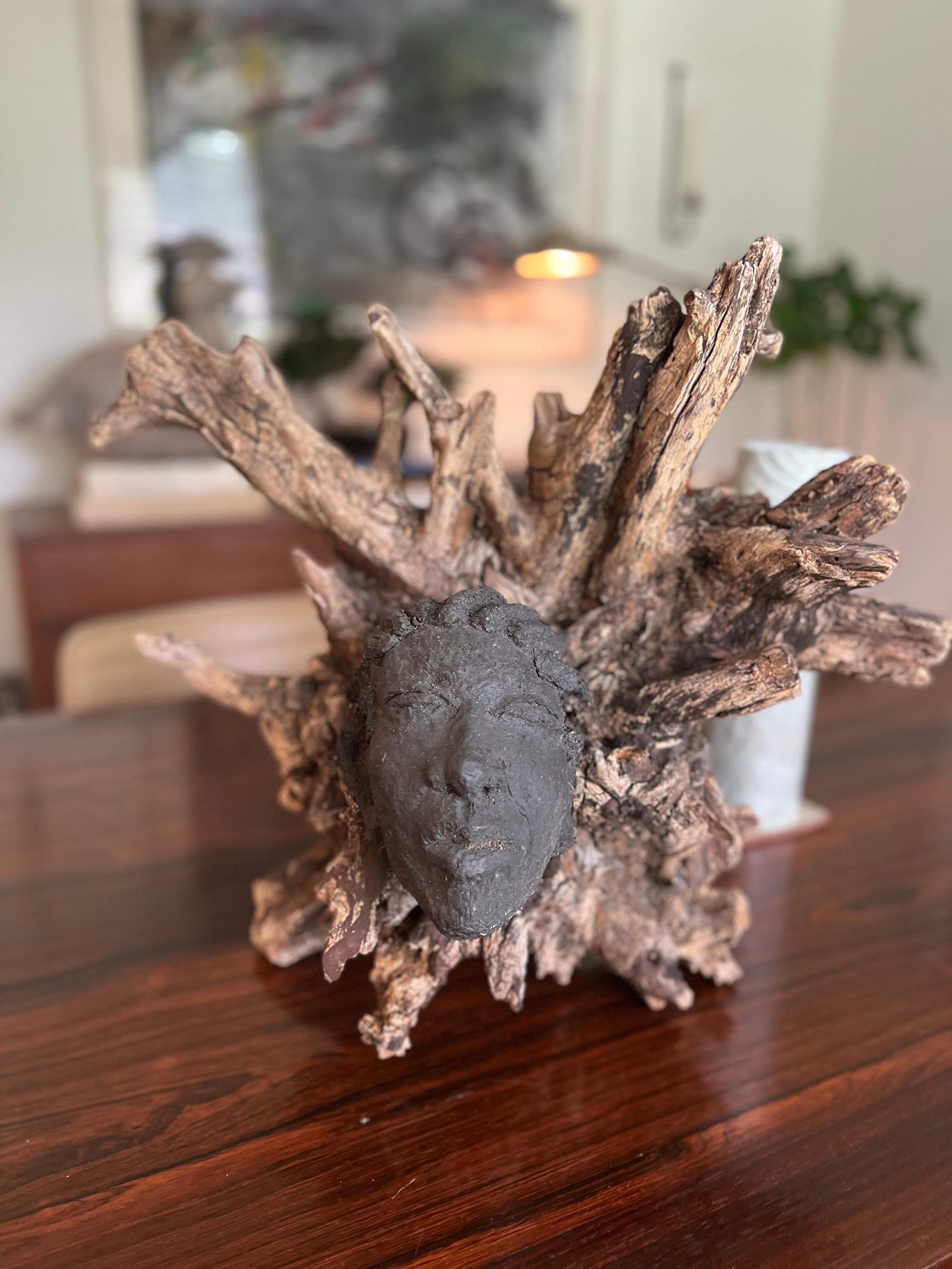 Escultura de Raíz Orgánica con Cara de Roca de Lava Fundida Hecho a mano en venta