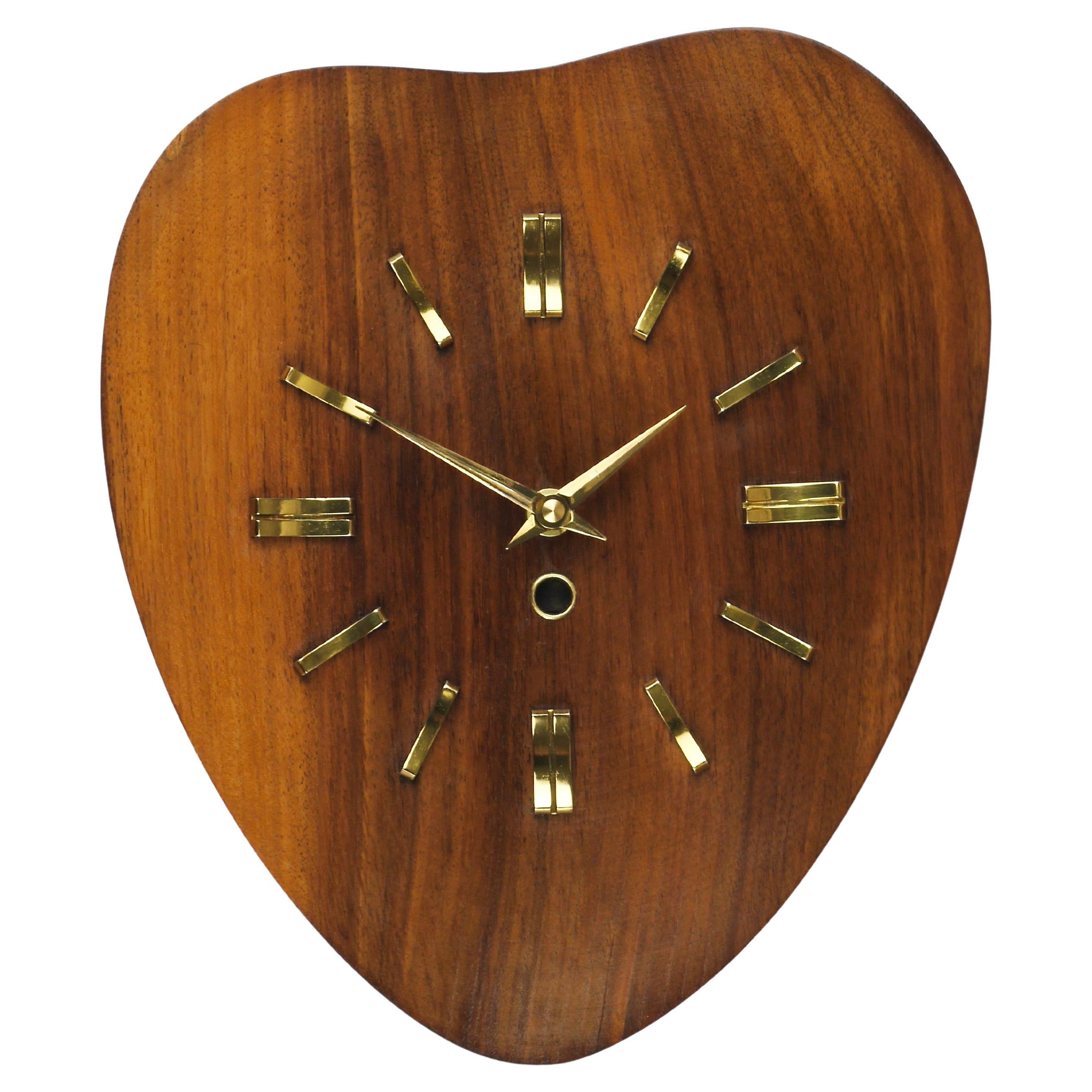 Organic Scandinavian Modern Mid-Century Wall Clock, Teak
Brass, 1950s