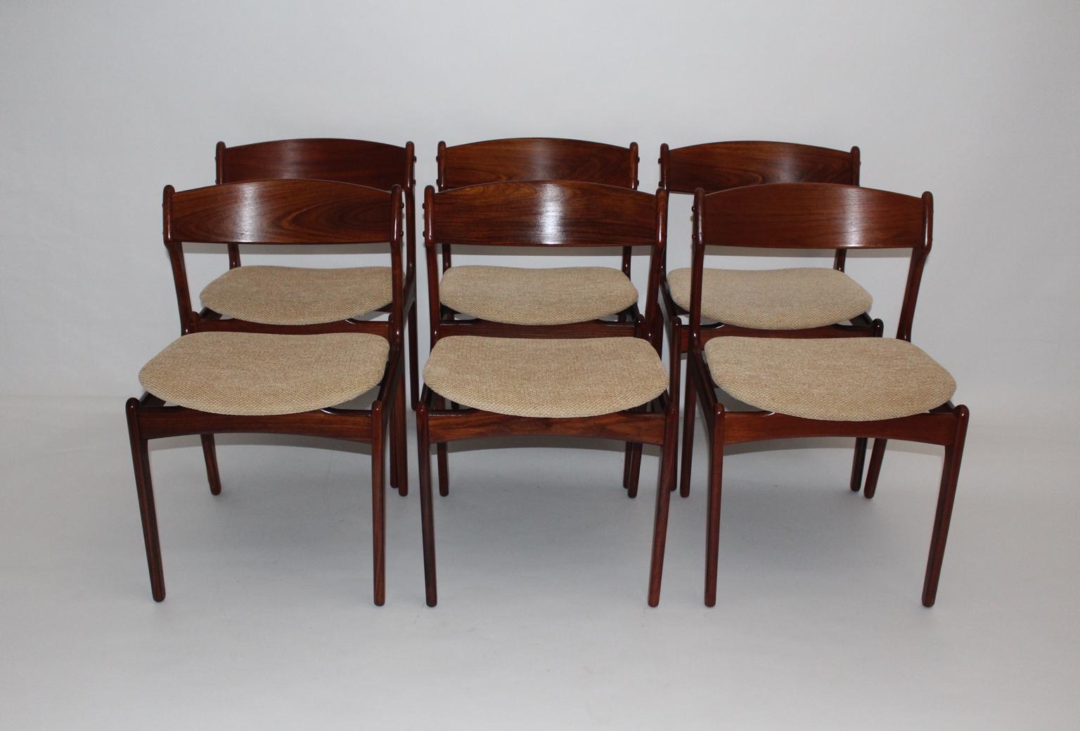 Organic Scandinavian Modern Vintage Six Brown Teak Dining Chairs Erik Buch 1960s In Good Condition For Sale In Vienna, AT