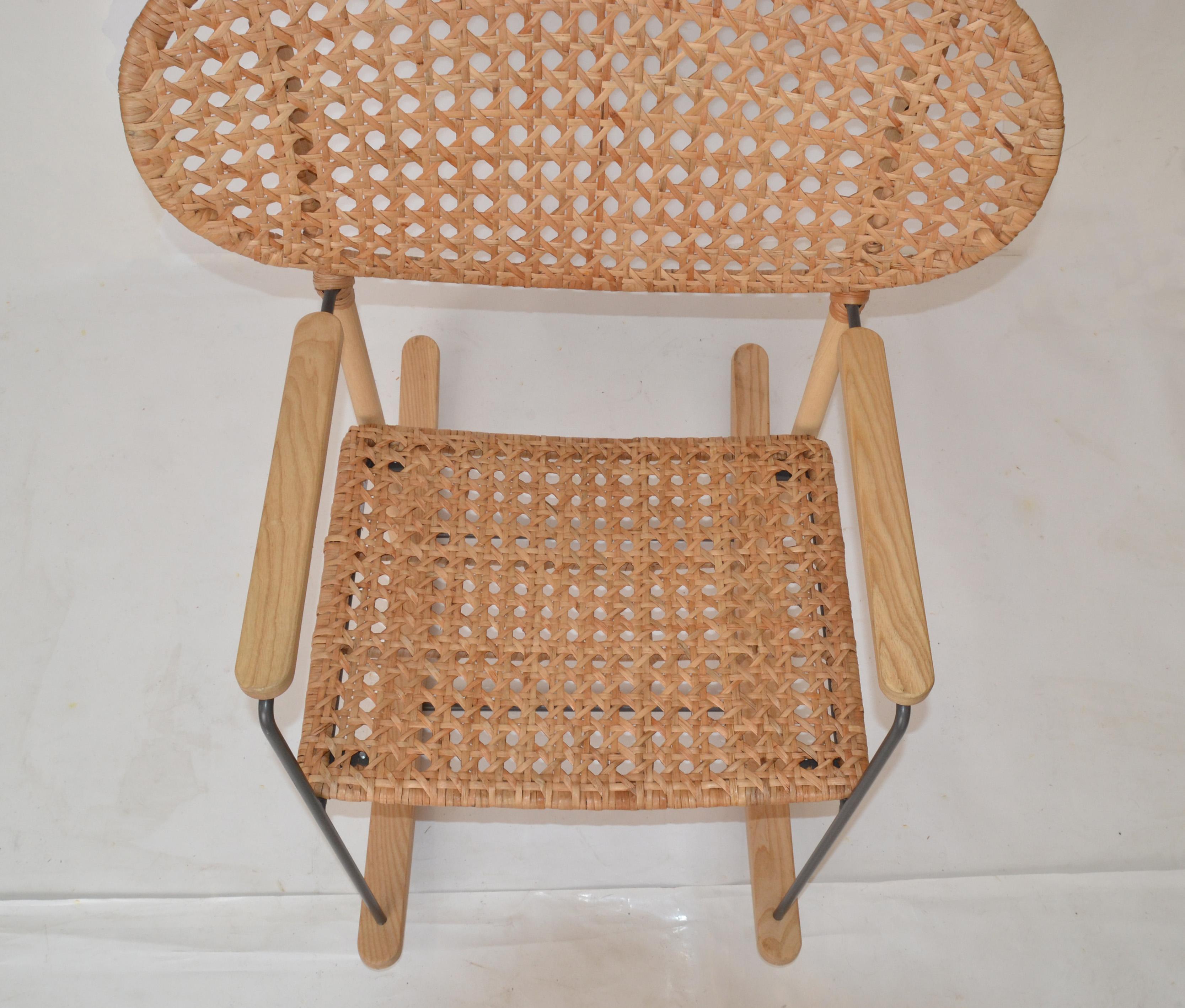 Late 20th Century Organic Scandinavian Rocking Armchair Solid Ash Wood Steel & Natural Rattan 1999 For Sale