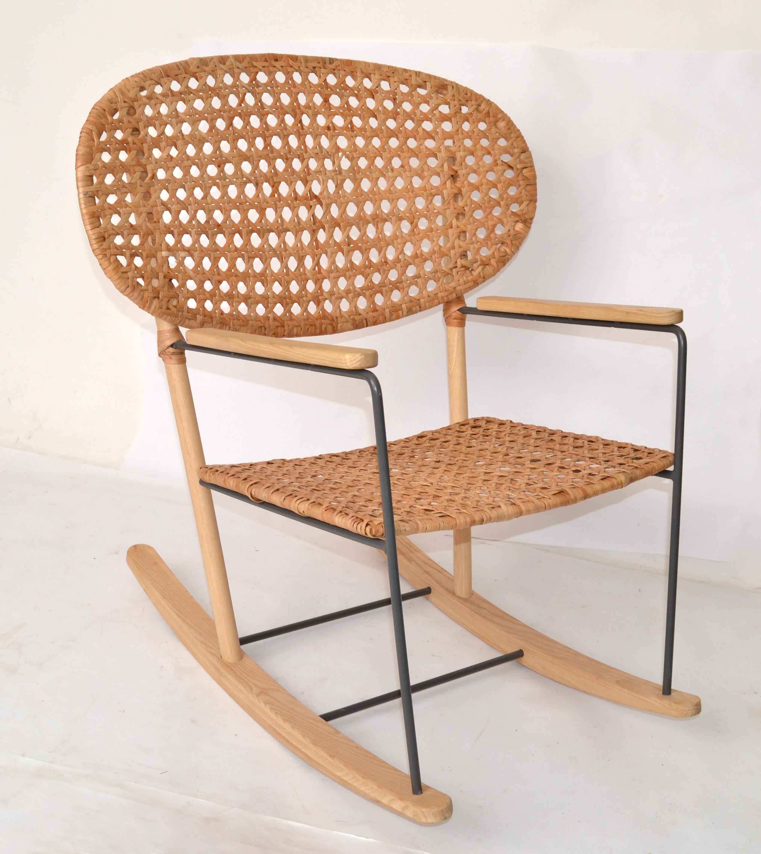 Organic Scandinavian Rocking Armchair Solid Ash Wood Steel & Natural Rattan 1999 For Sale 3