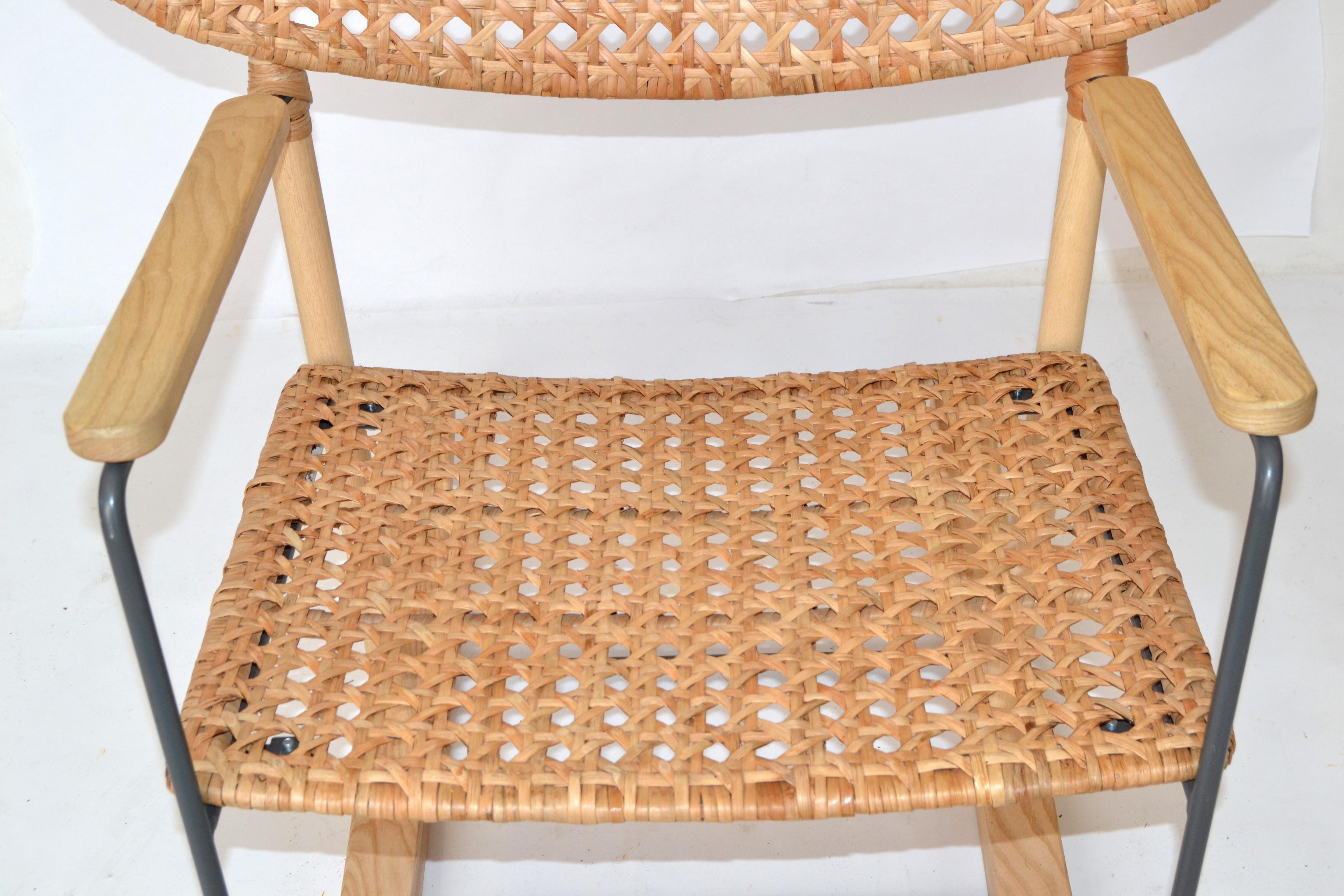 Organic Scandinavian Rocking Armchair Solid Ash Wood Steel & Natural Rattan 1999 In Good Condition For Sale In Miami, FL