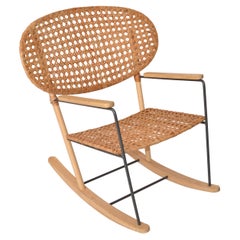Organic Scandinavian Rocking Armchair Solid Ash Wood Steel & Natural Rattan 1999