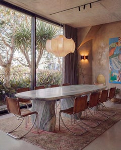 Organic Sculptural Marble X-Large Dining Table in Green, Cream, Grey Vein Stone (table de salle à manger en marbre sculptural)