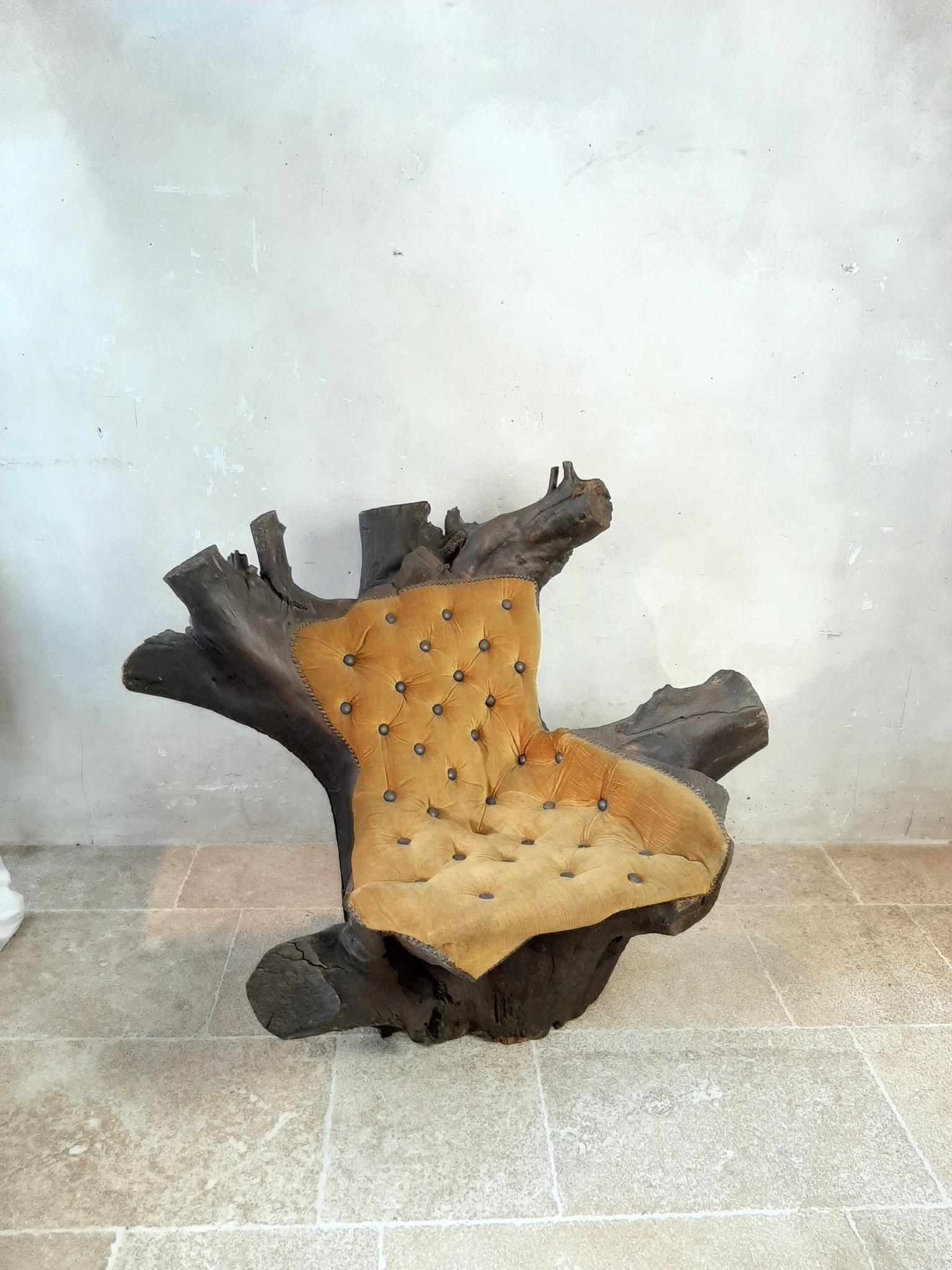 An organic and rustic artist crafted sculptural tree trunk root specimen that has been formed into a chair. This wood tree stump is an old work of nature and has a natural patina the seat is upholstered with yellow velvet and finished with brass