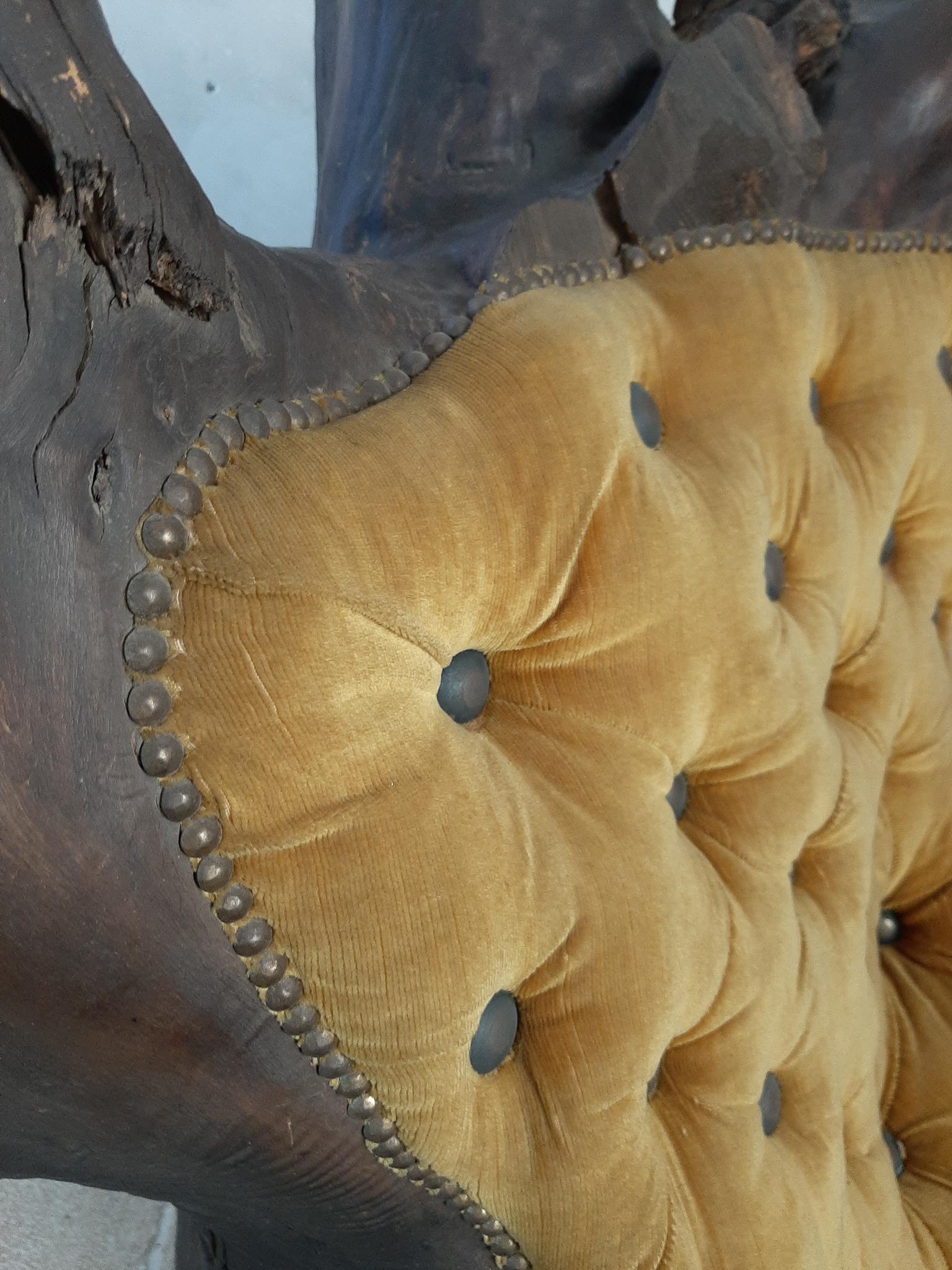 Organic Sculptural Tree Trunk Root Chair with Yellow Velvet Upholstery In Good Condition In Baambrugge, NL