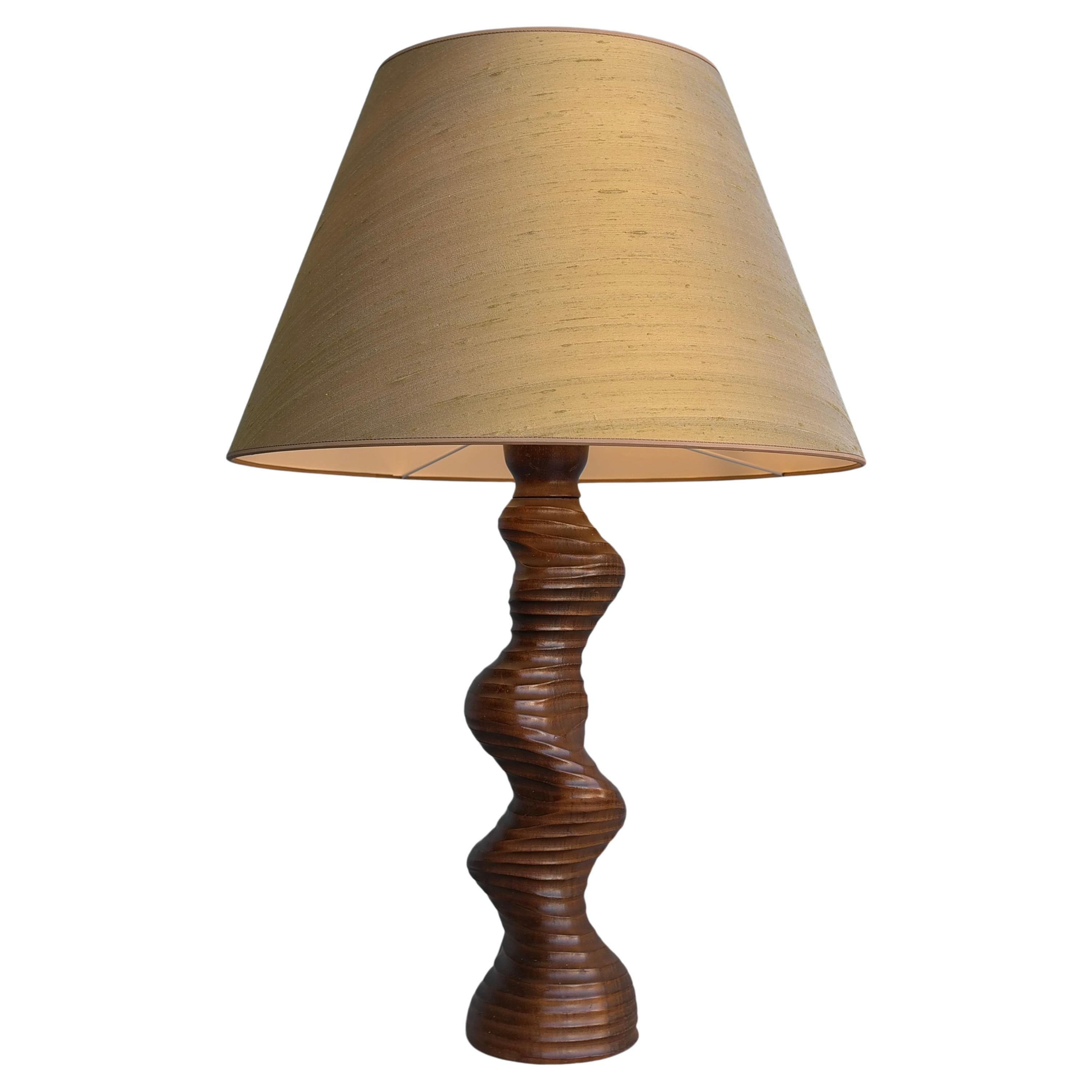 Organic Sculptural Wooden table lamp with Green Silk Shade, 1960's For Sale