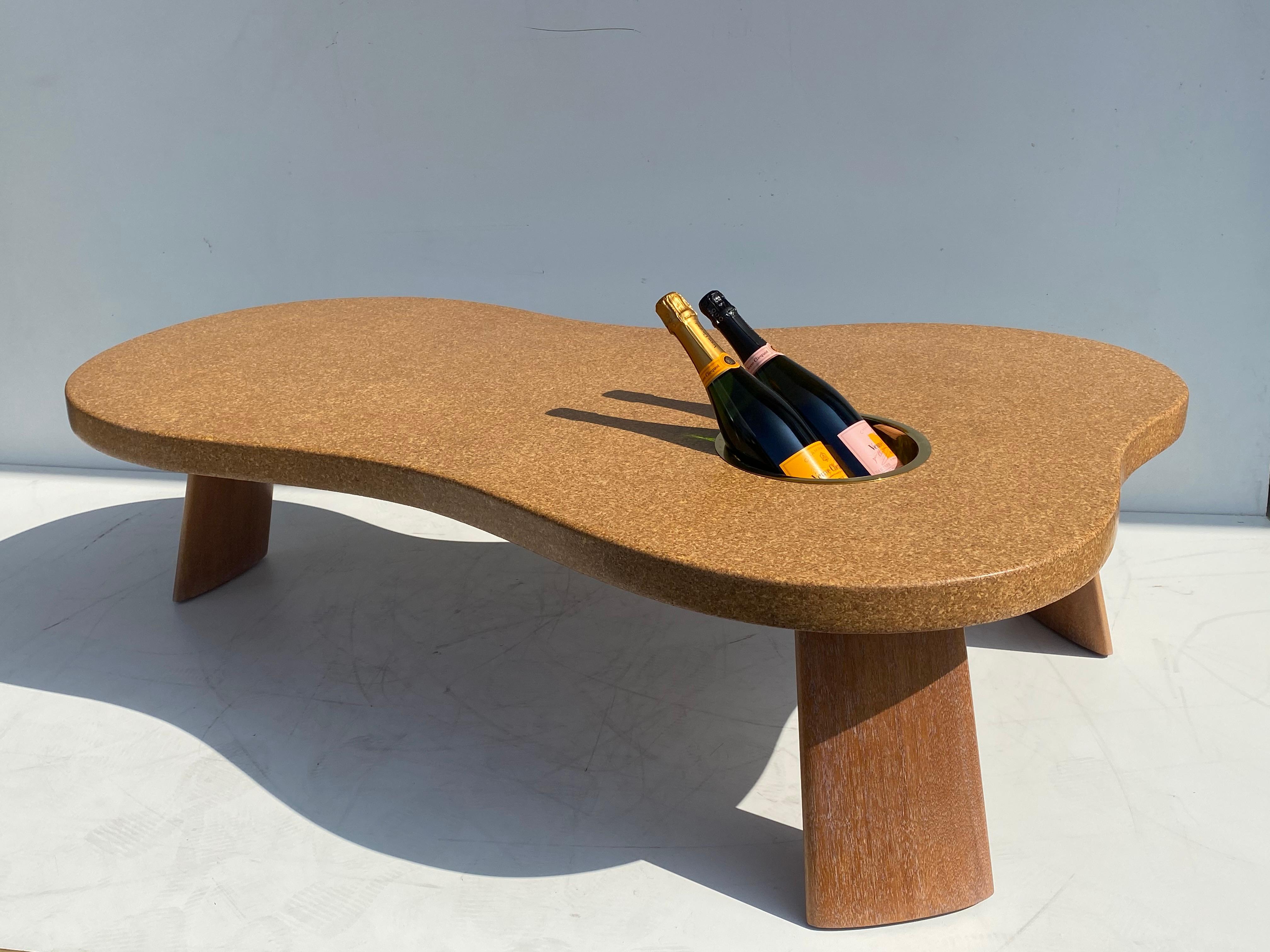 Organic Shape Cork and Mahogany Coffee Table with Planter In Excellent Condition In North Hollywood, CA