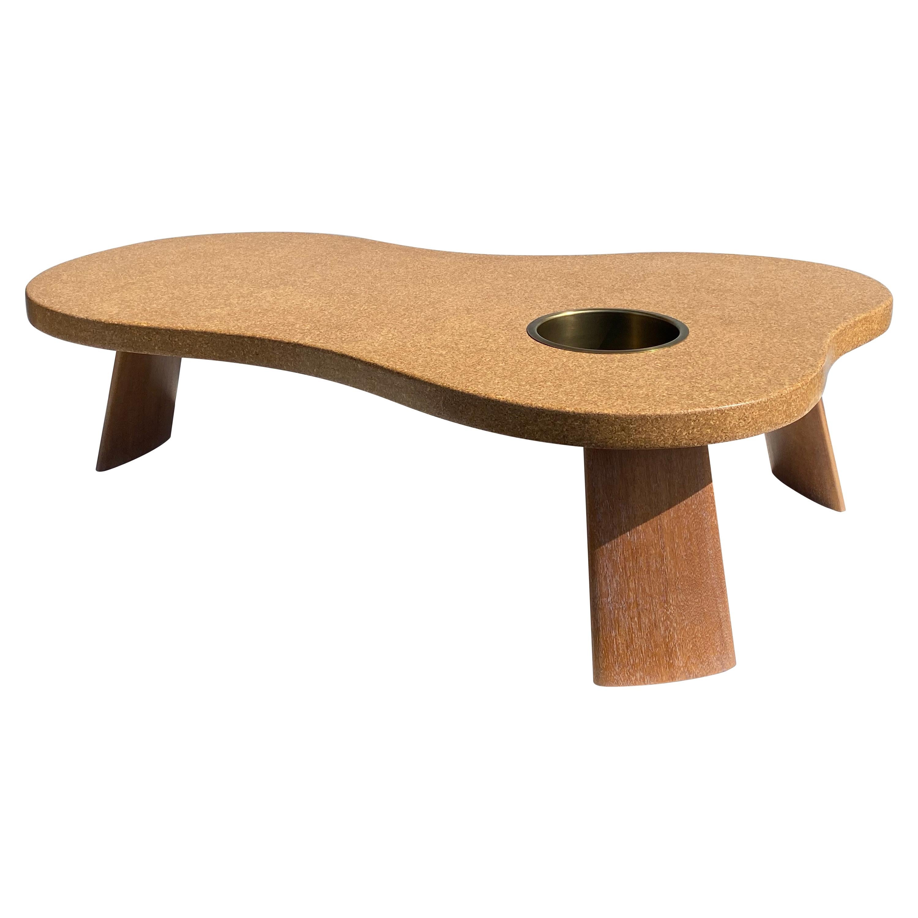 Organic Shape Cork and Mahogany Coffee Table with Planter