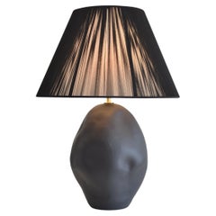 Organic-Shape Handmade Ceramic Table Lamp Black Glaze With Tapered Lampshade