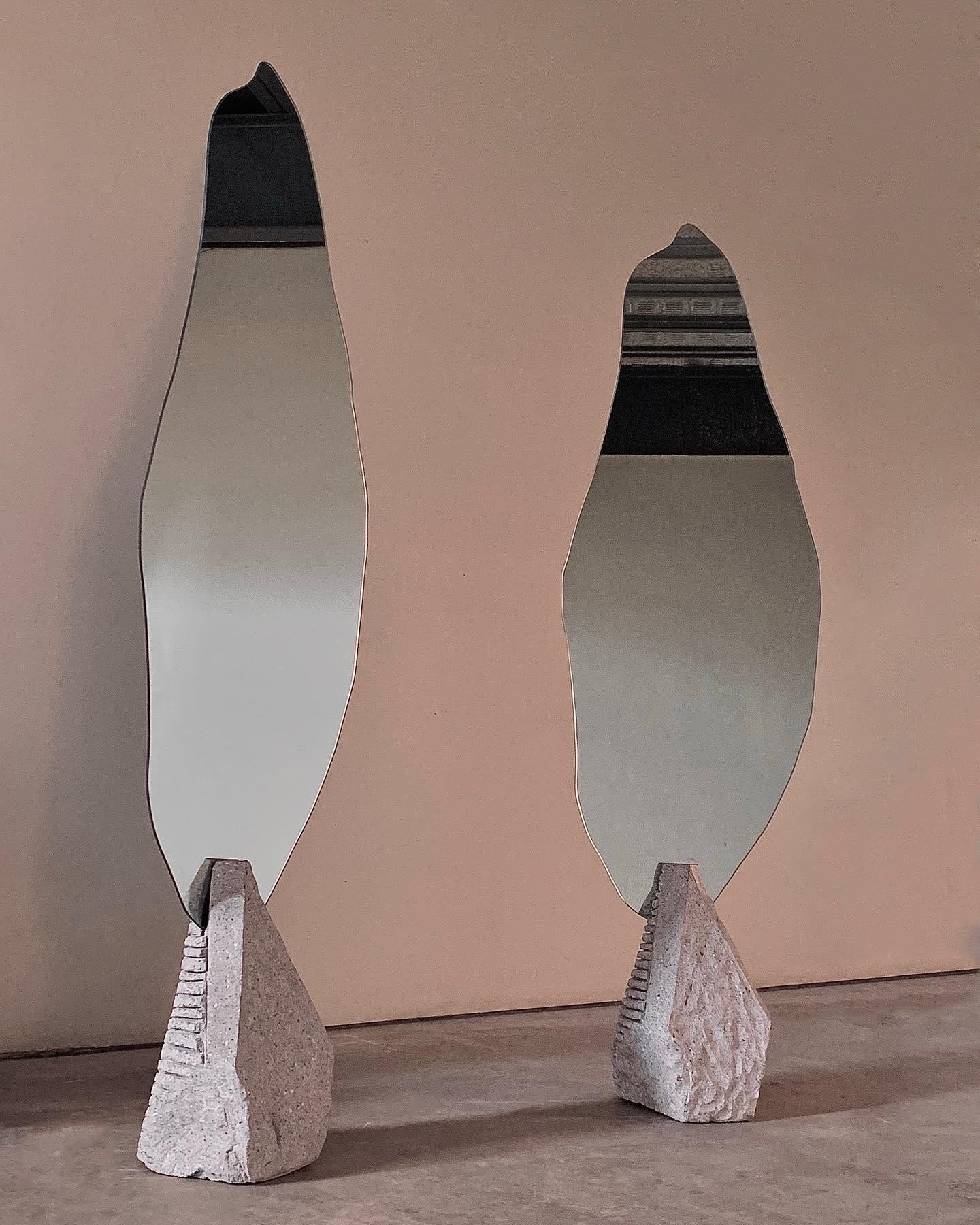Organic Shape Mirror with Grey Stone Base in Center by Andres Monnier For Sale 4