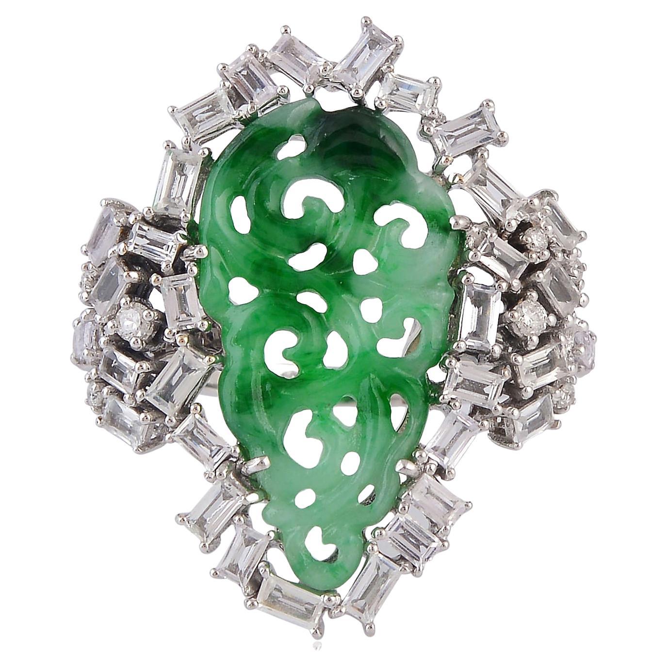 Organic Shaped Carved Jade Cocktail Ring With White Sapphire For Sale