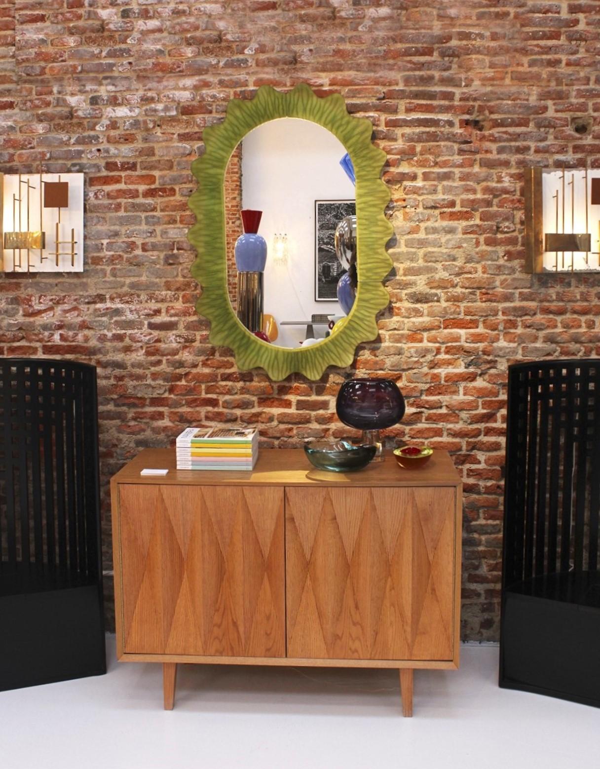 Contemporary Organic-Shaped Green Italian Mirror Made of Murano Glass and Brass