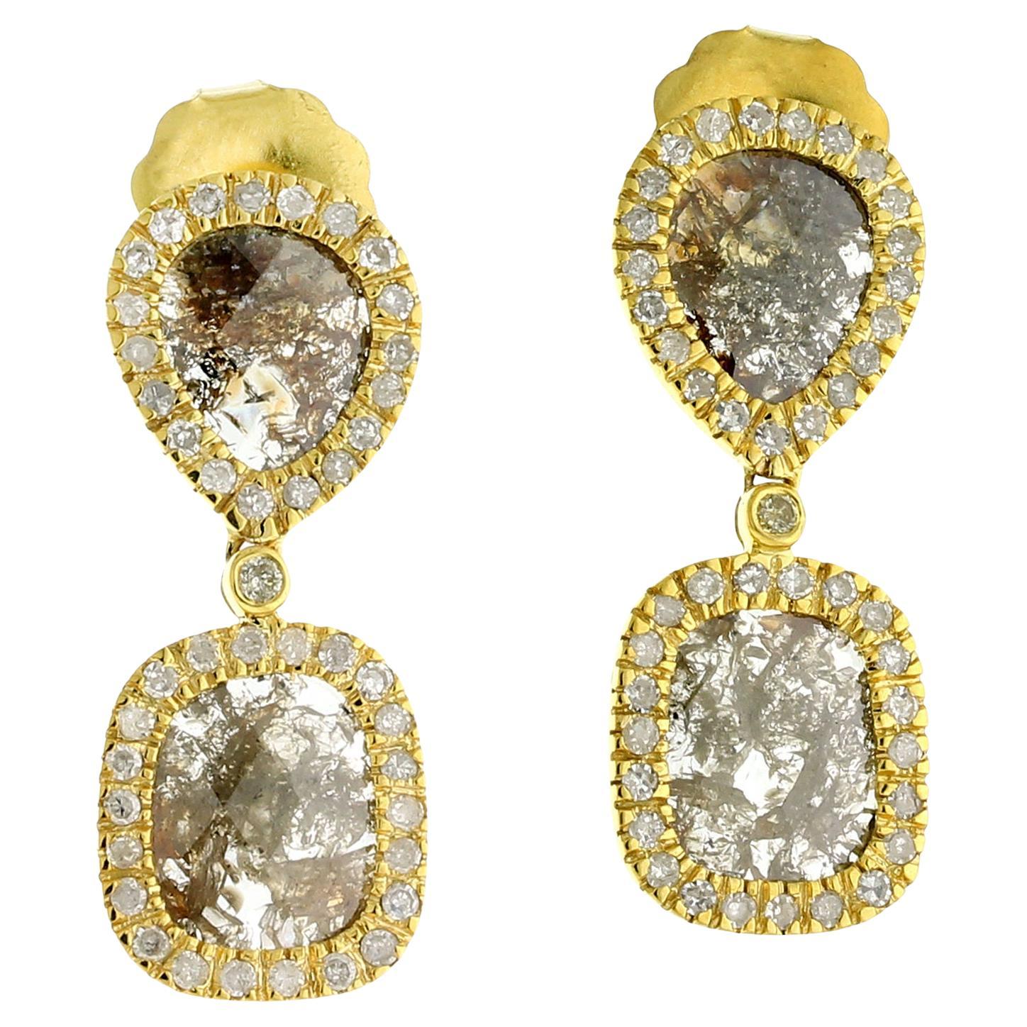 Organic Shaped Ice Diamond Earrings In 18k Yellow Gold For Sale