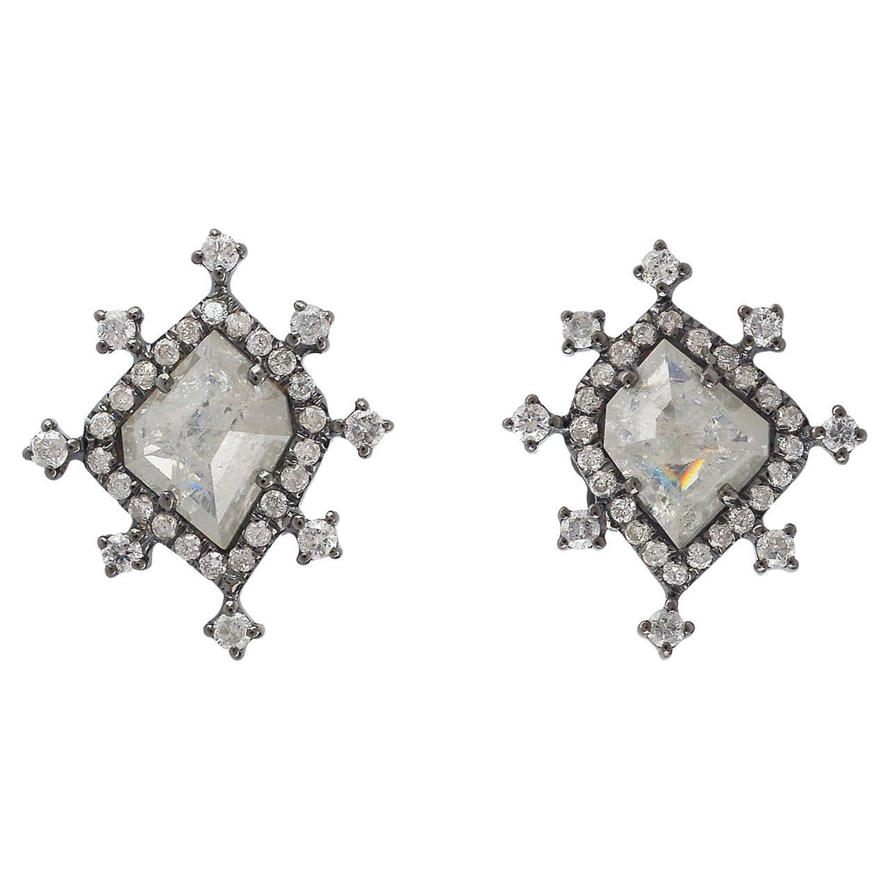 Organic Shaped Ice Diamonds Studs Made In 18k White Gold For Sale