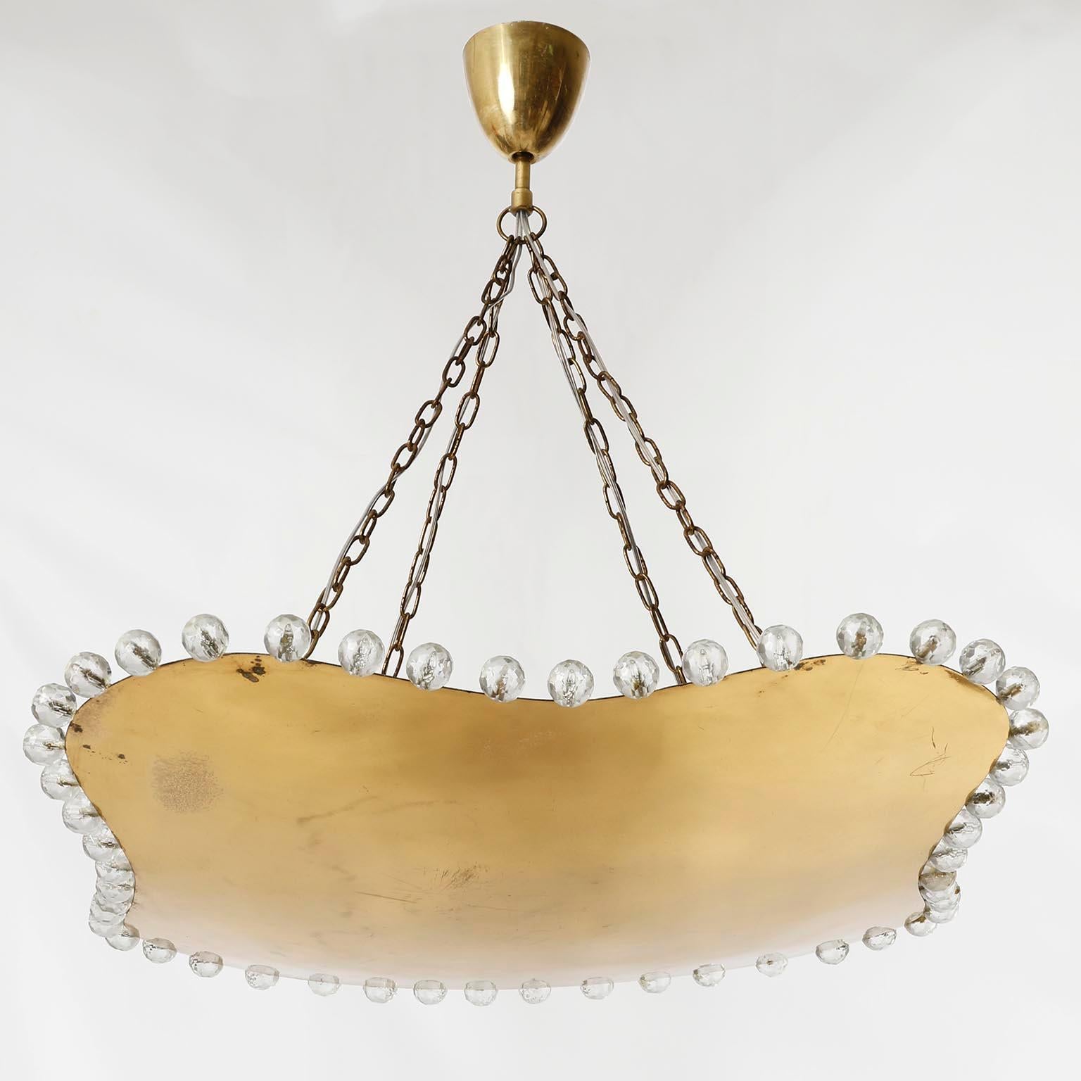 Mid-Century Modern Organic Shaped Pendant Light Uplight Bowl, Brass Cut Crystal Glass, 1960