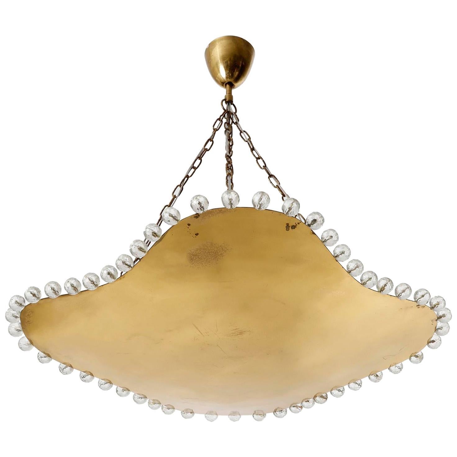 Organic Shaped Pendant Light Uplight Bowl, Brass Cut Crystal Glass, 1960
