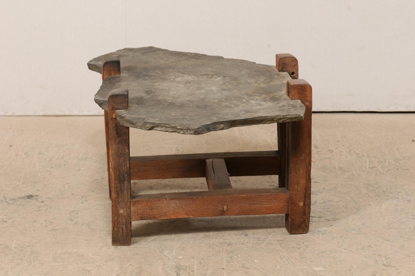 American Organic-Shaped Slate Top Coffee Table on Wood Base