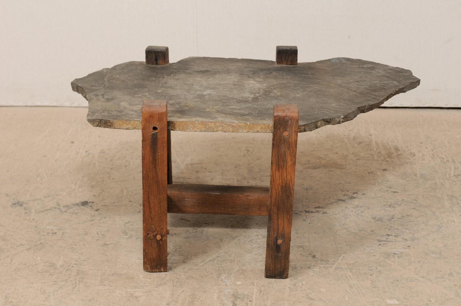 Organic-Shaped Slate Top Coffee Table on Wood Base In Good Condition In Atlanta, GA