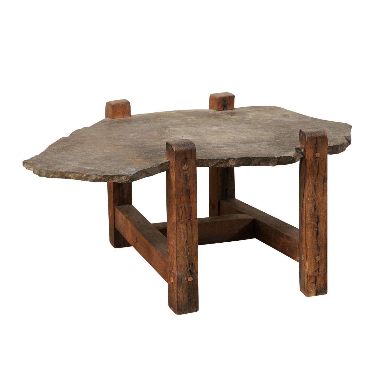 Organic-Shaped Slate Top Coffee Table on Wood Base