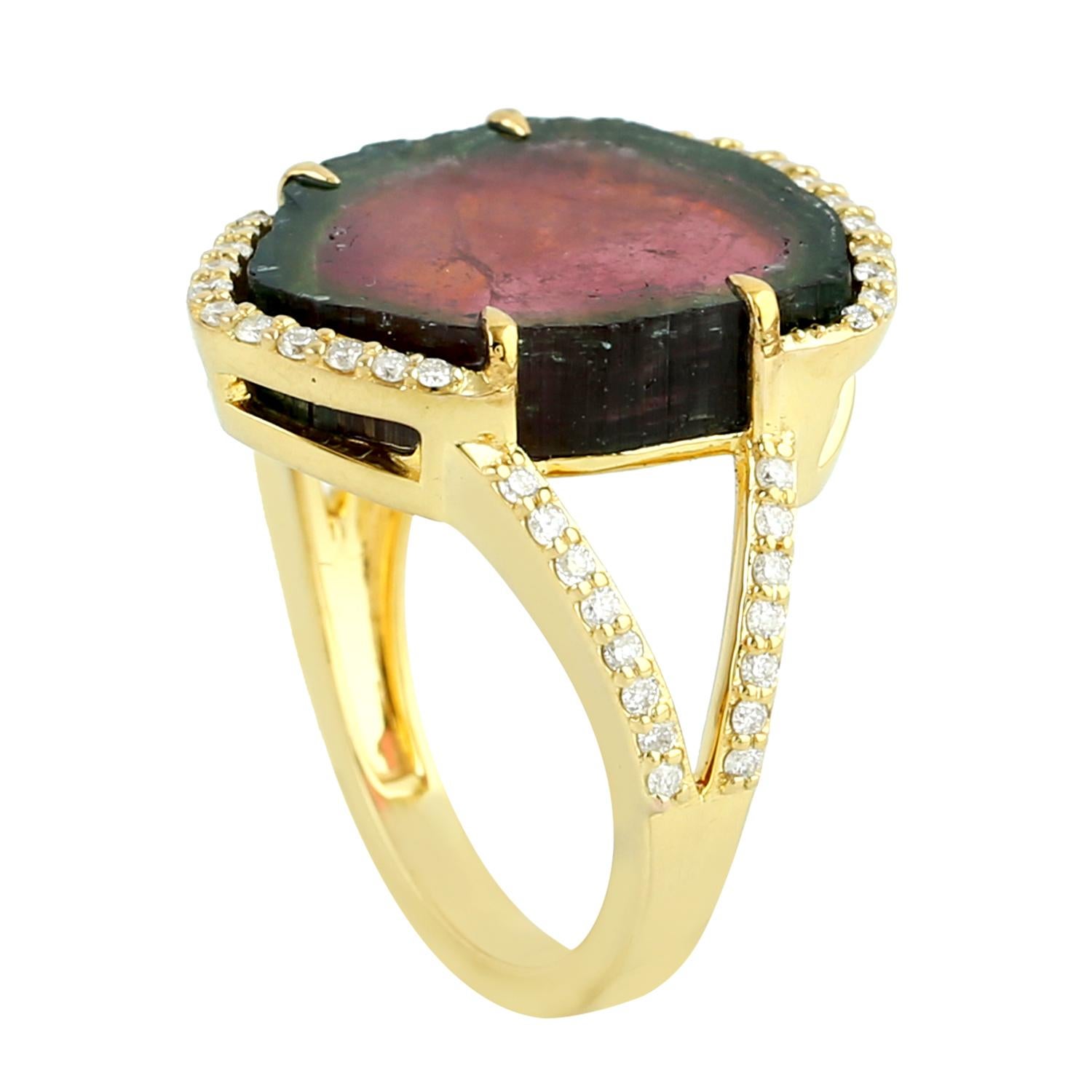 Art Deco Organic Shaped Sliced Watermelon Tourmaline Cocktail Ring For Sale