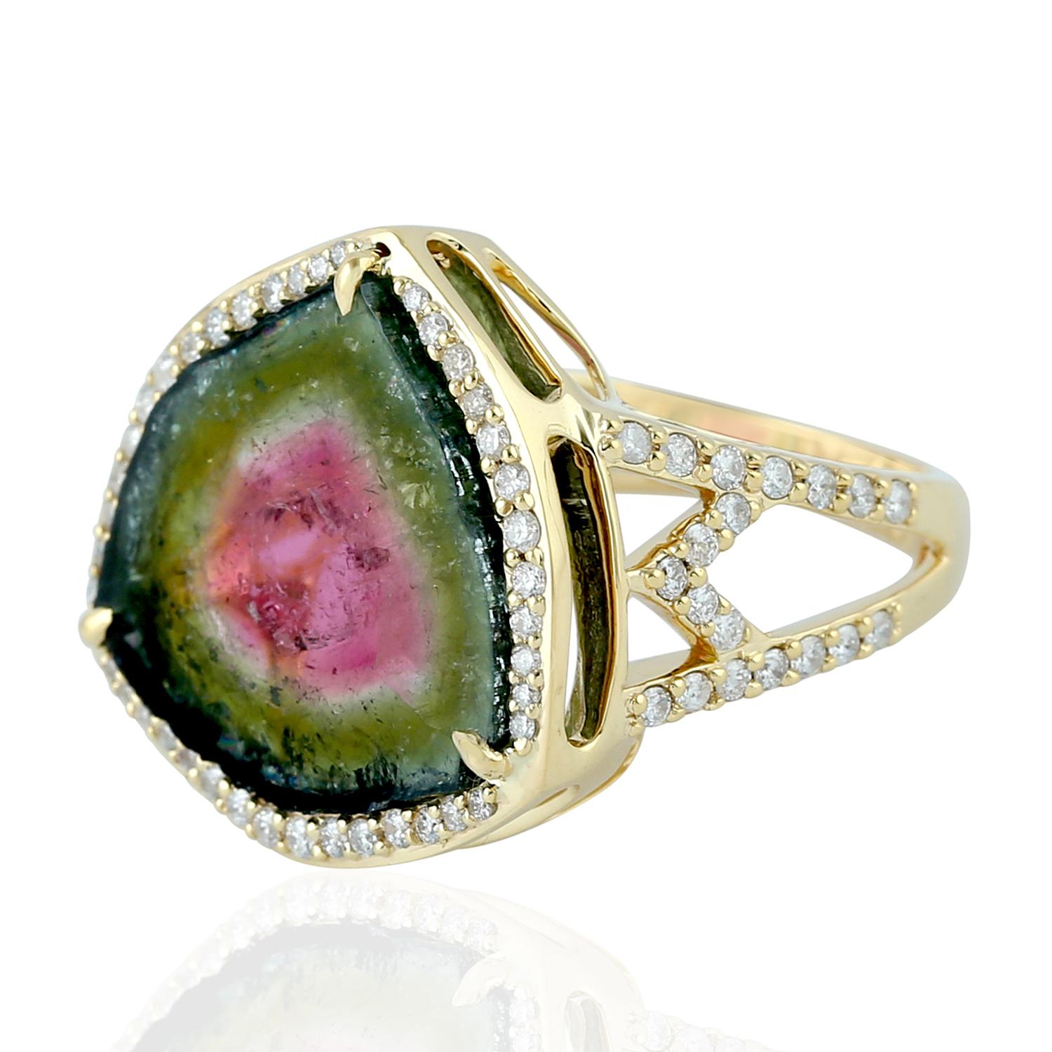Art Deco Organic Shaped Sliced Watermelon Tourmaline Cocktail Ring For Sale