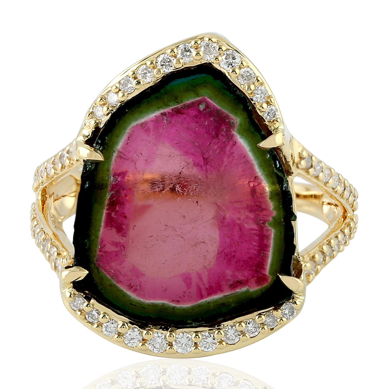 Mixed Cut Organic Shaped Sliced Watermelon Tourmaline Cocktail Ring For Sale