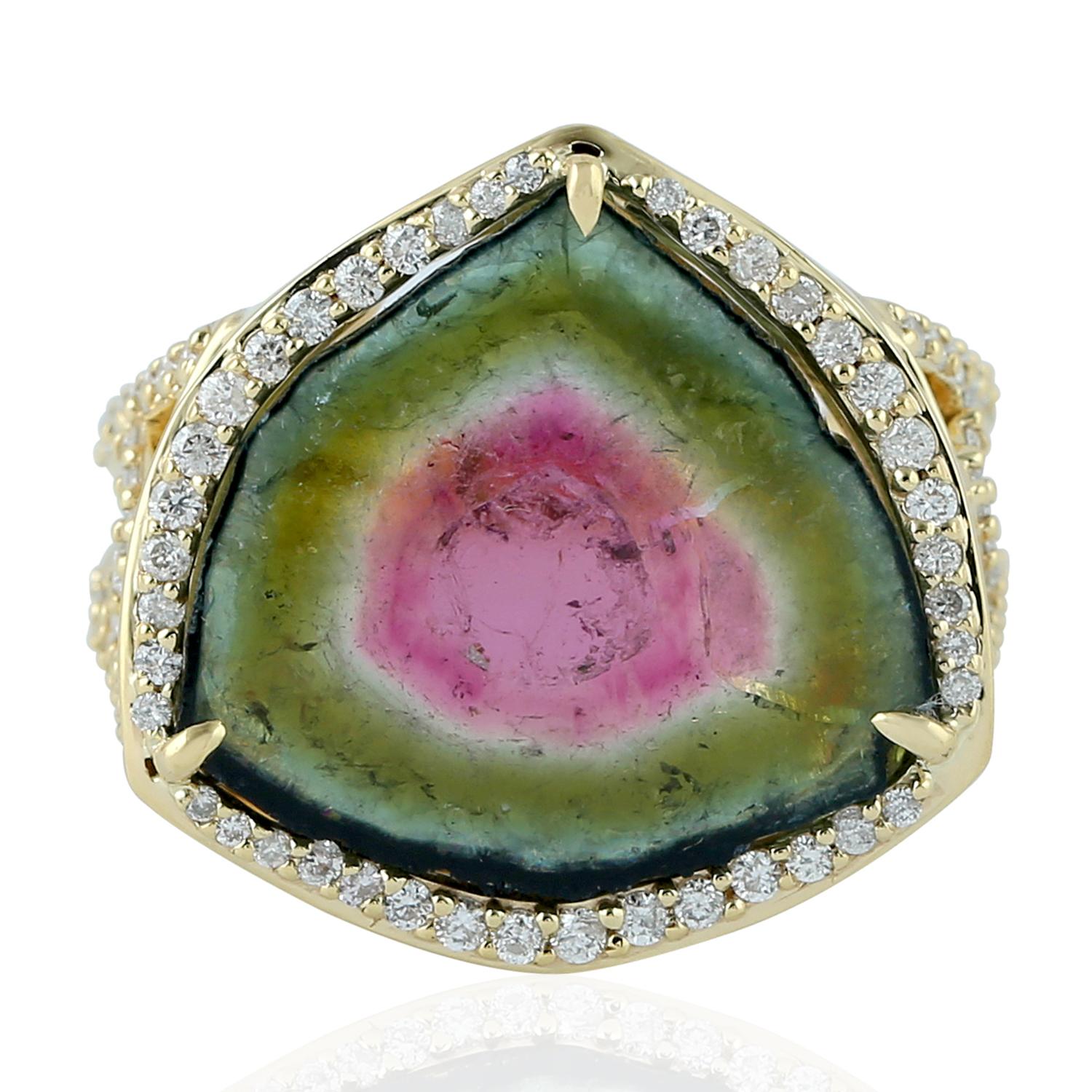 Mixed Cut Organic Shaped Sliced Watermelon Tourmaline Cocktail Ring For Sale