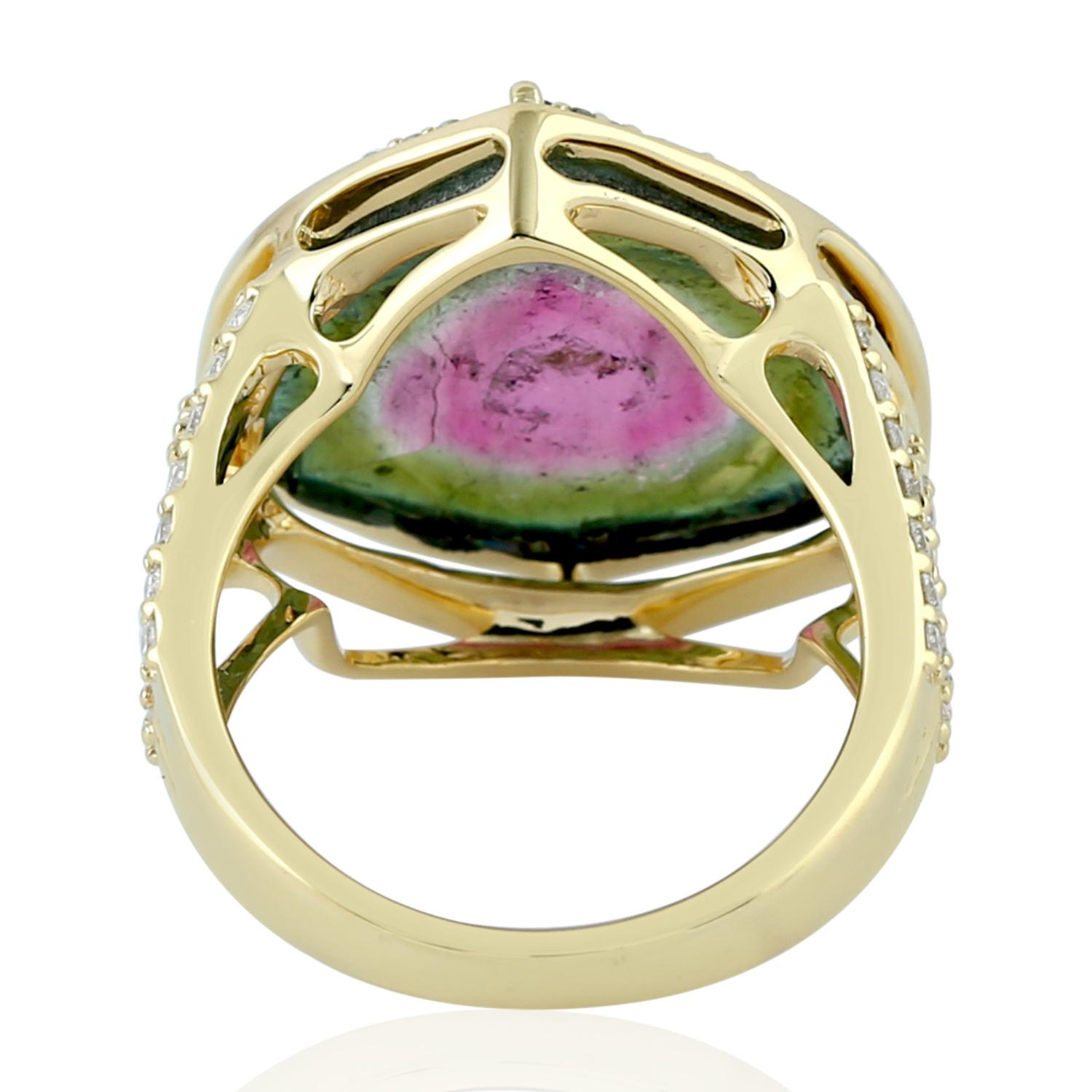Organic Shaped Sliced Watermelon Tourmaline Cocktail Ring In New Condition For Sale In New York, NY
