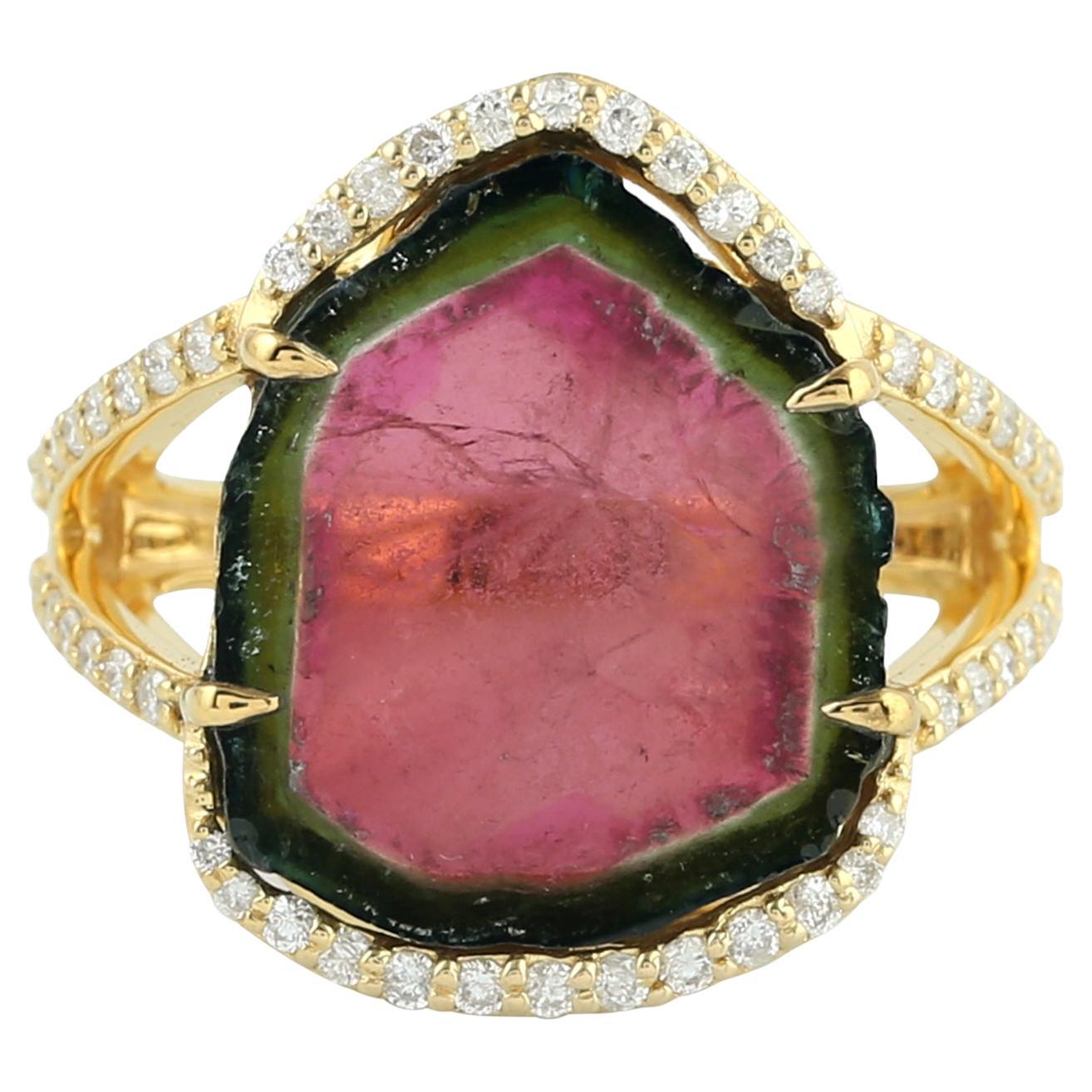 Organic Shaped Sliced Watermelon Tourmaline Cocktail Ring For Sale