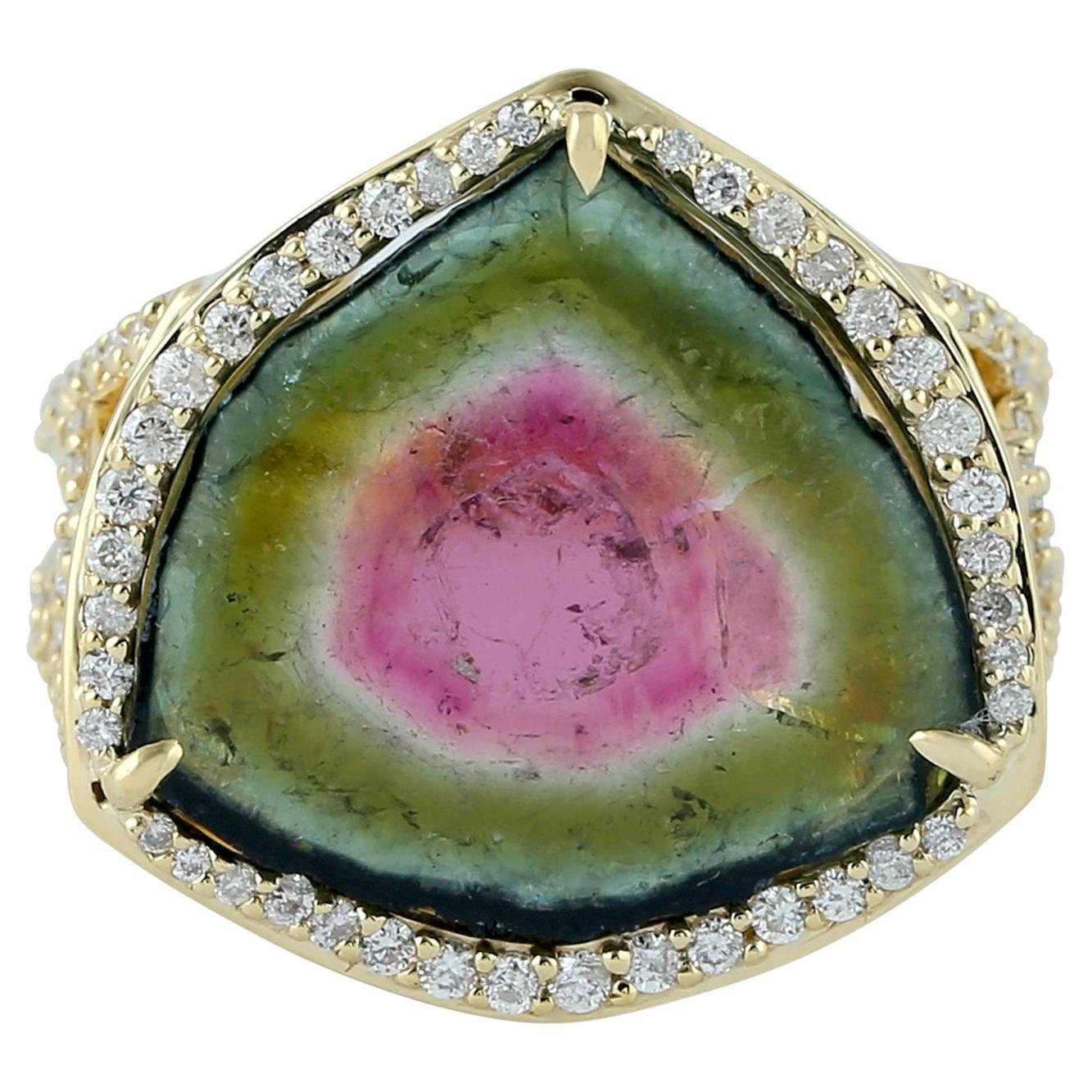 Organic Shaped Sliced Watermelon Tourmaline Cocktail Ring For Sale