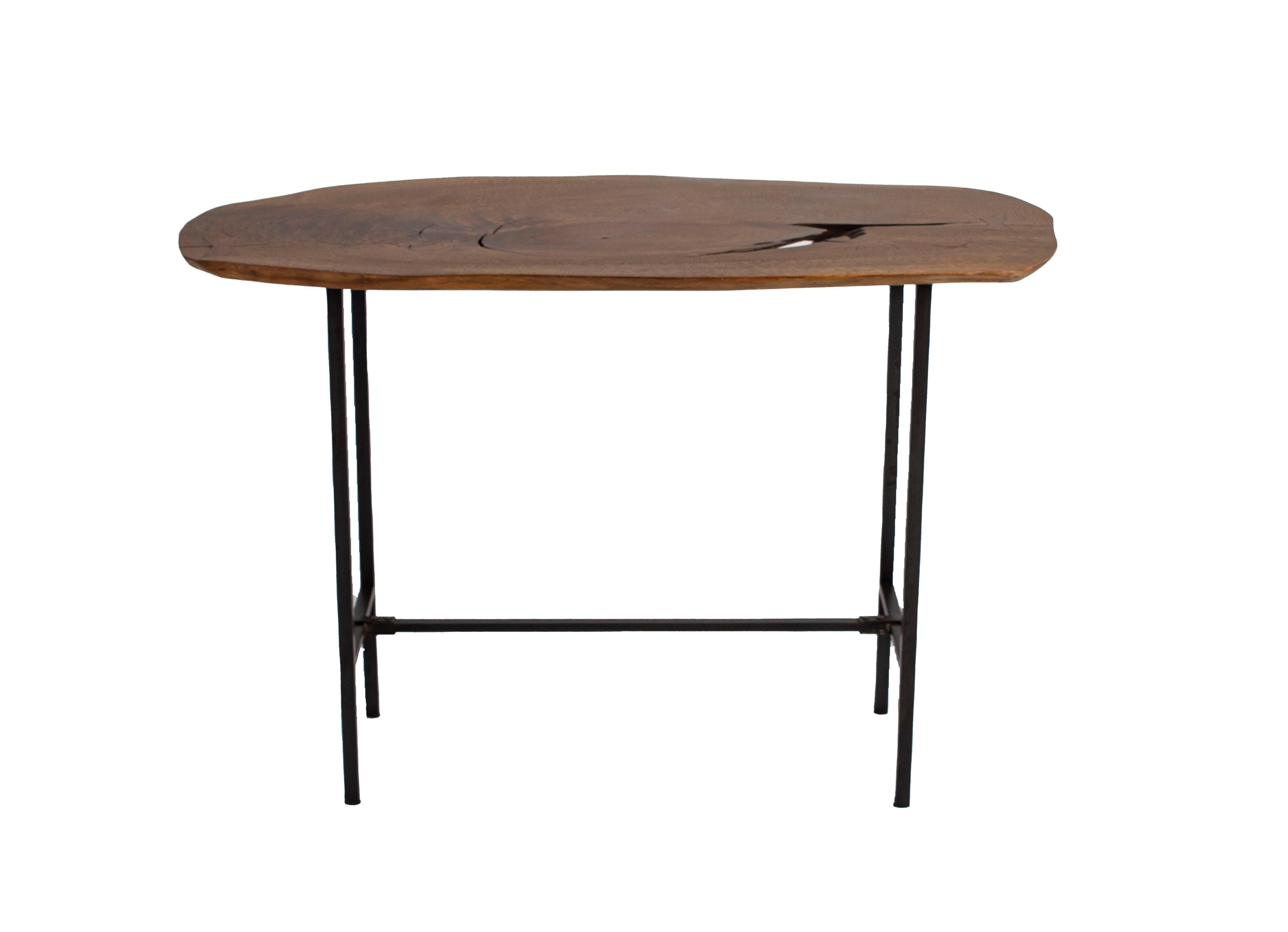 Organic wood side table top, custom metal steel base.
 
  